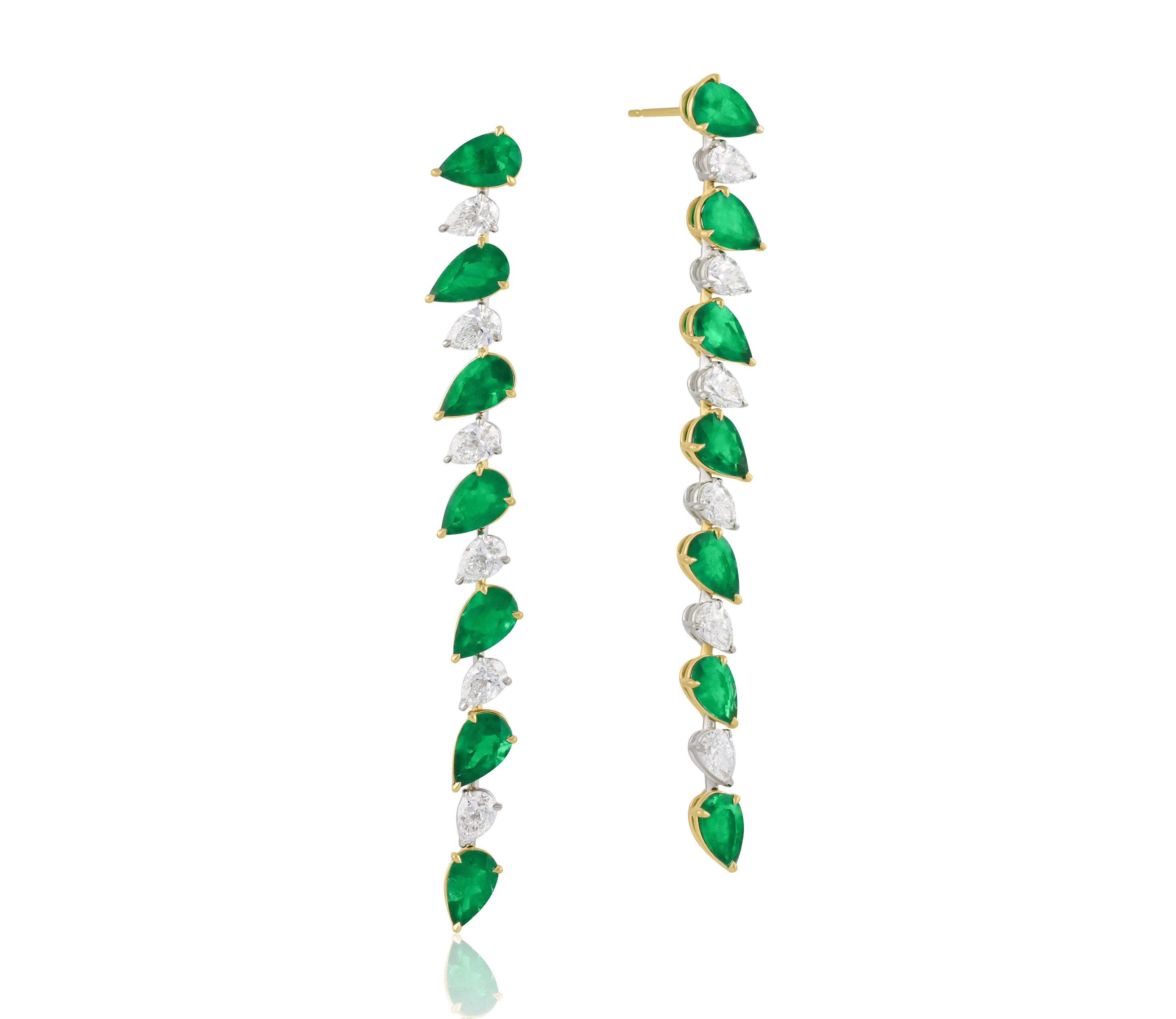 Pear Shape Emerald and Diamond Angled Drop Earrings