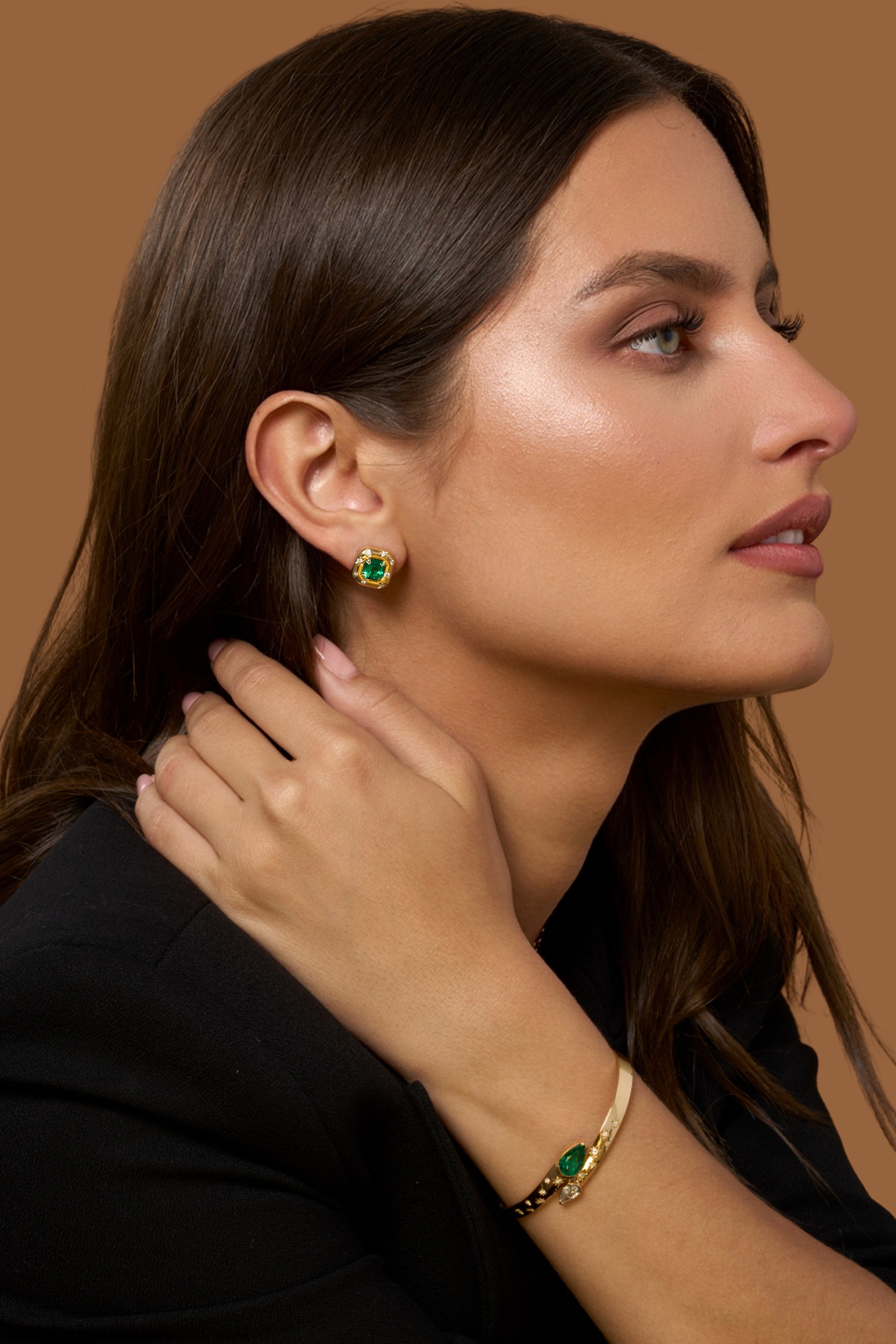 Star set Asscher Cut Colombian Emerald Earrings