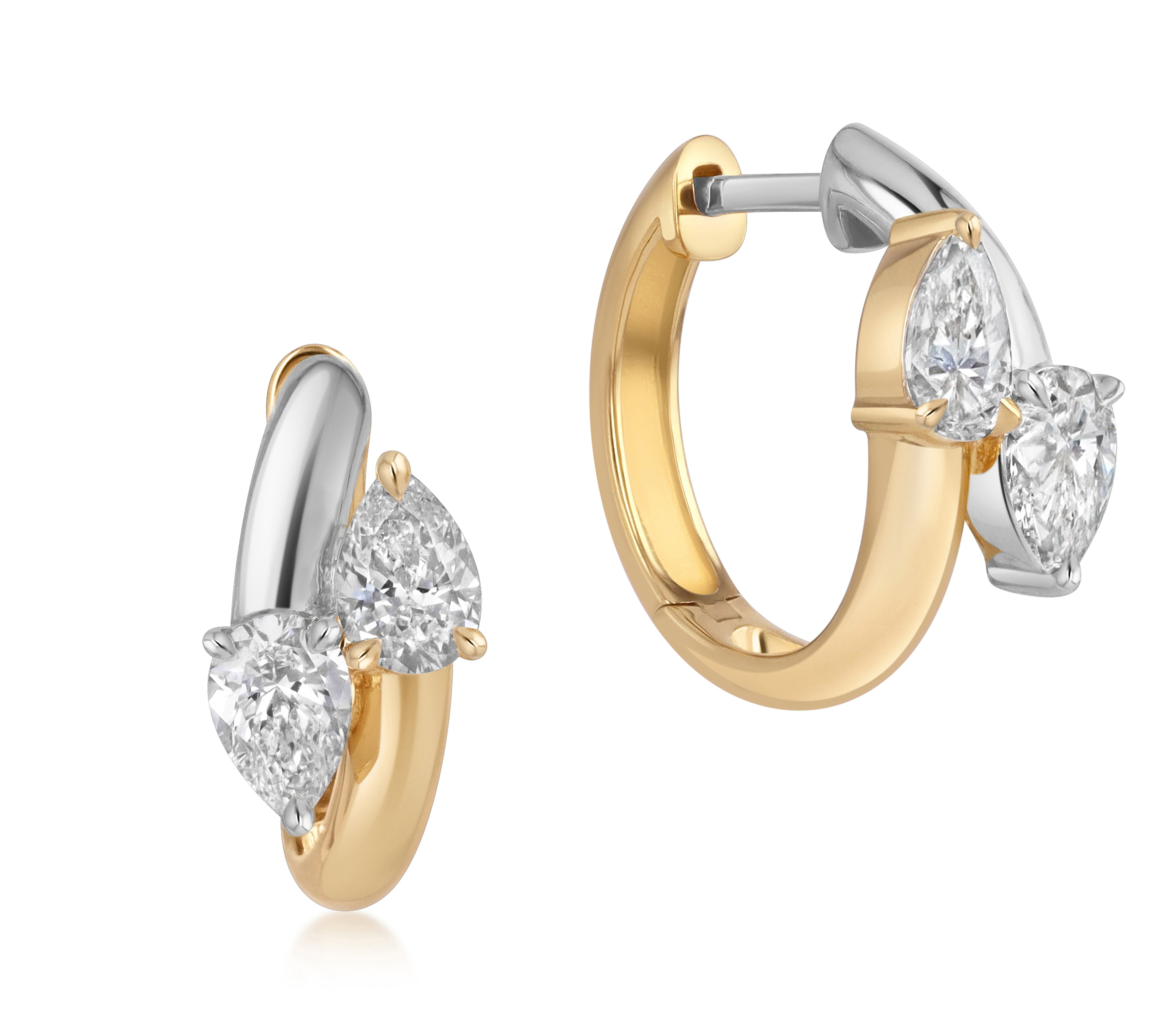 18k yellow gold and platinum hoop earrings with pear-shaped natural diamonds in a two tone setting