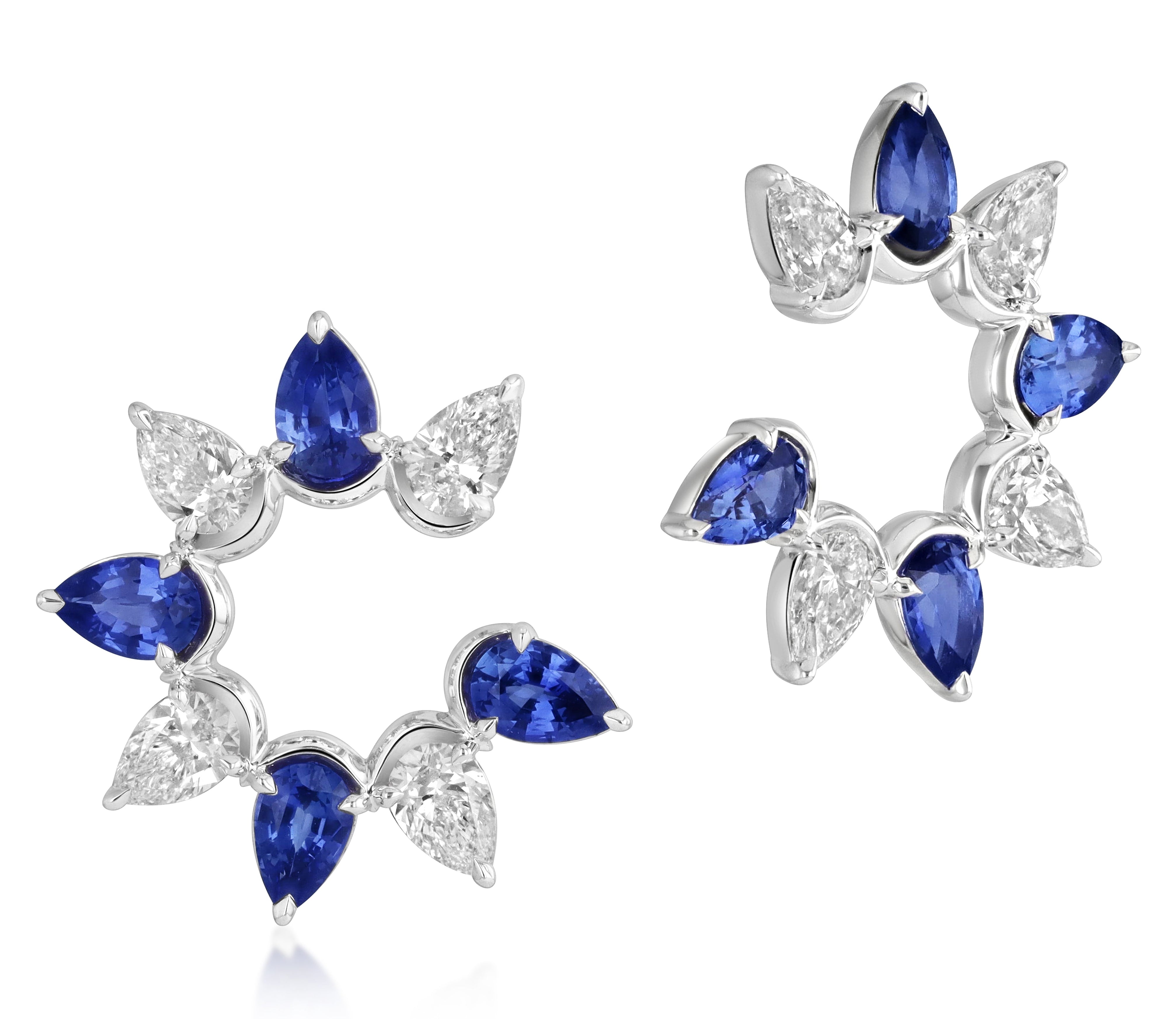 Pear Blue Sapphire and Diamond Fan Earrings