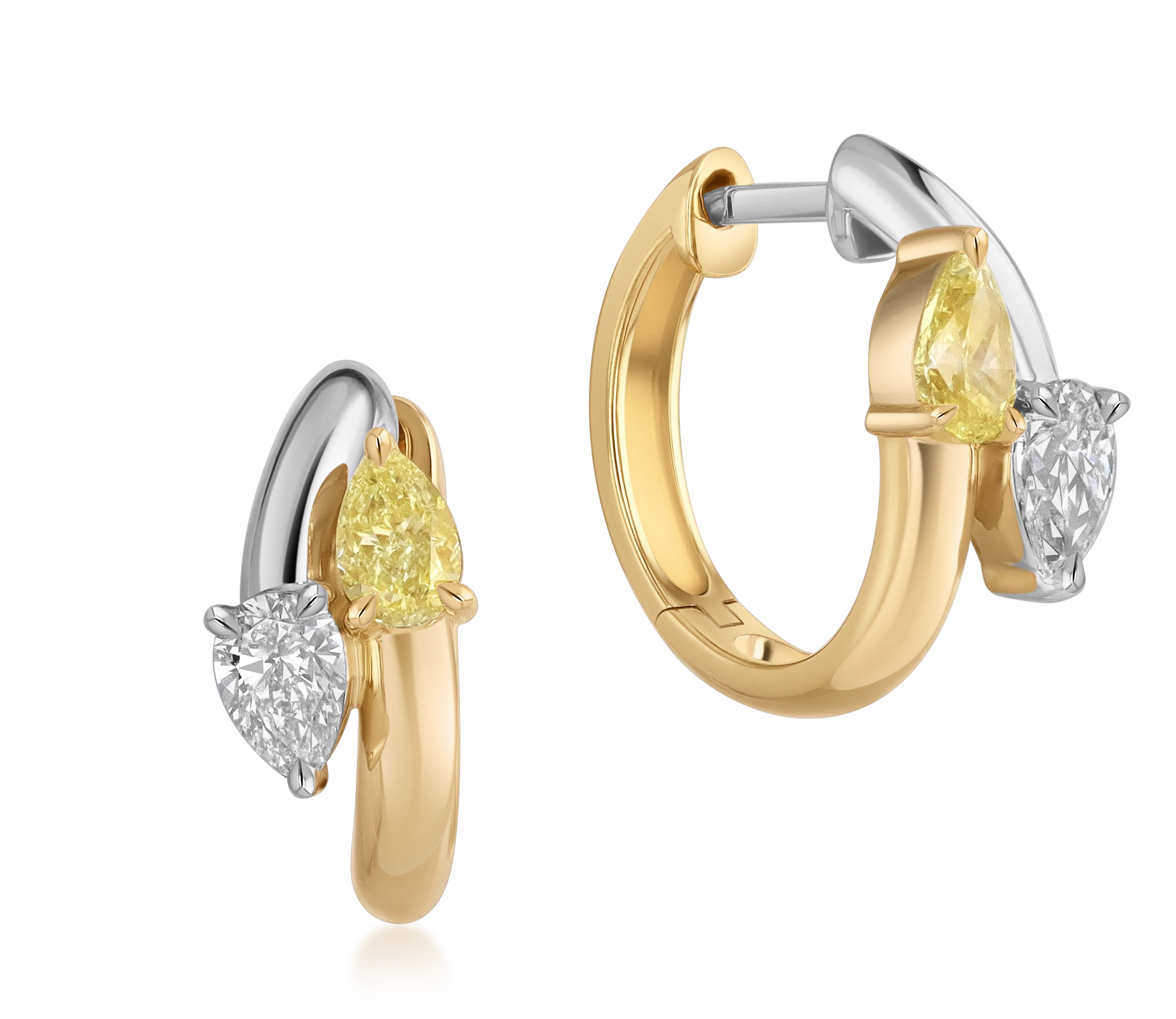18k yellow gold and platinum hoop earrings with white and yellow pear-shaped natural diamonds in a two tone setting.