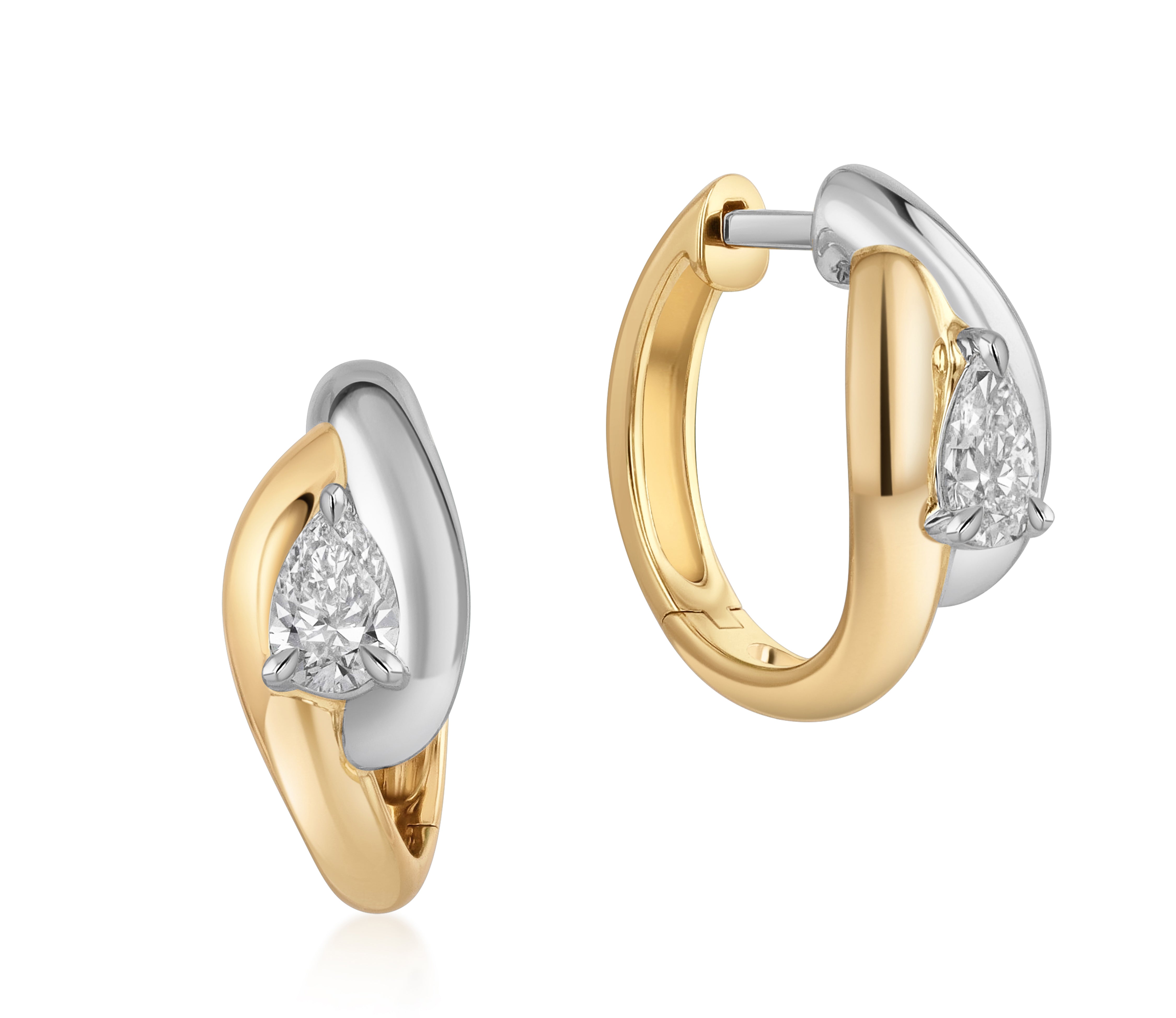 18k yellow gold and platinum hoop earrings with pear-shaped natural diamonds in a two tone cuddle setting.