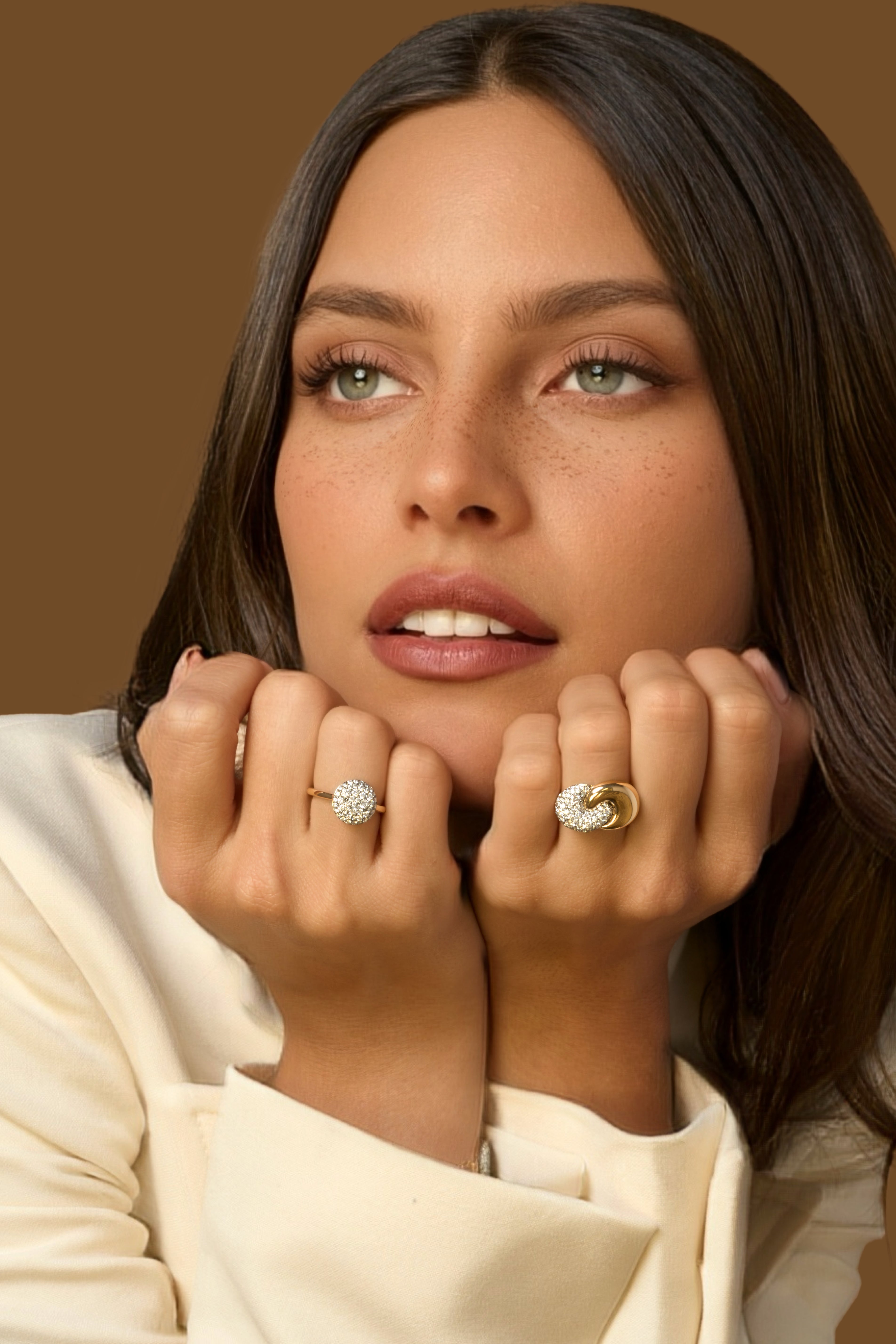 Model wearing Diamond Prima Ring and Duet Ring in 18k yellow gold with diamond pave.