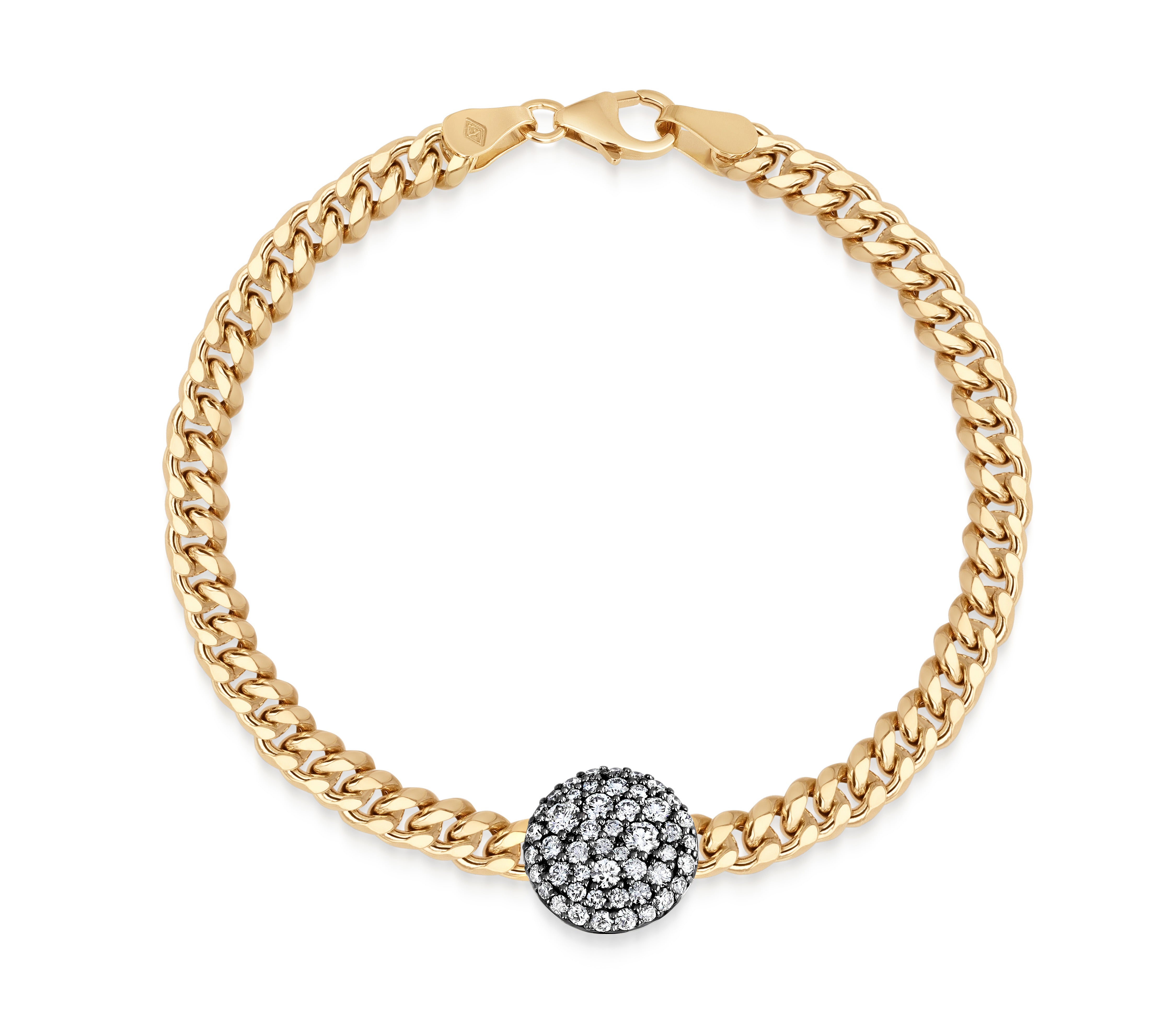 11mm Diamond Prima Bracelet in 18k yellow gold with a curb link chain and round colorless diamond pave accent set in black rhodium.