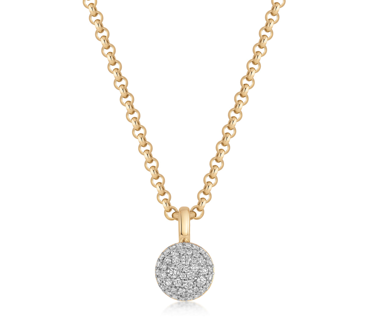 Prima 11mm Necklace in 18k yellow gold with a round diamond pavé pendant in white rhodium #Finish_White Rhodium