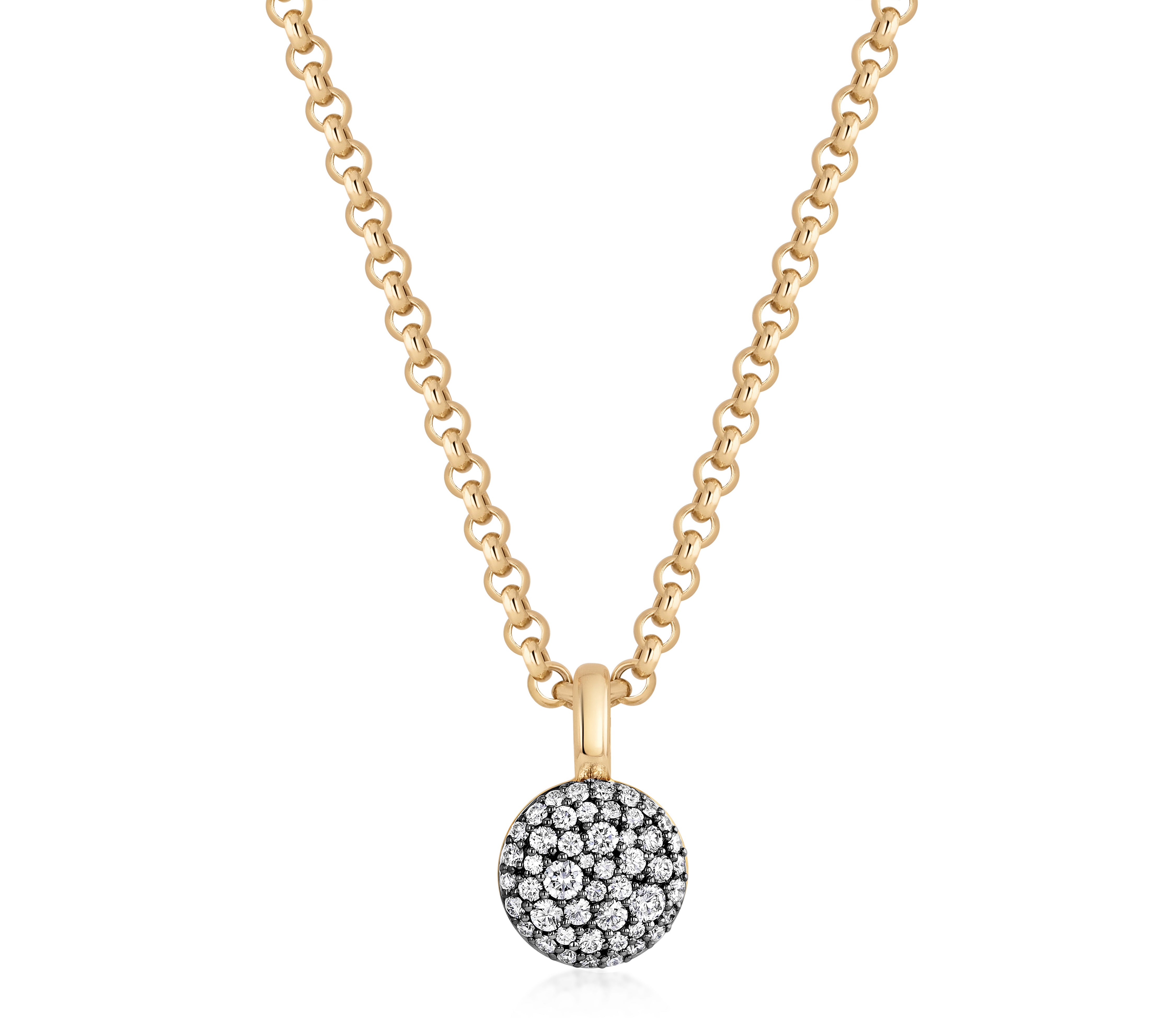 Diamond Prima Necklace in 18k yellow gold with a round diamond pave pendant