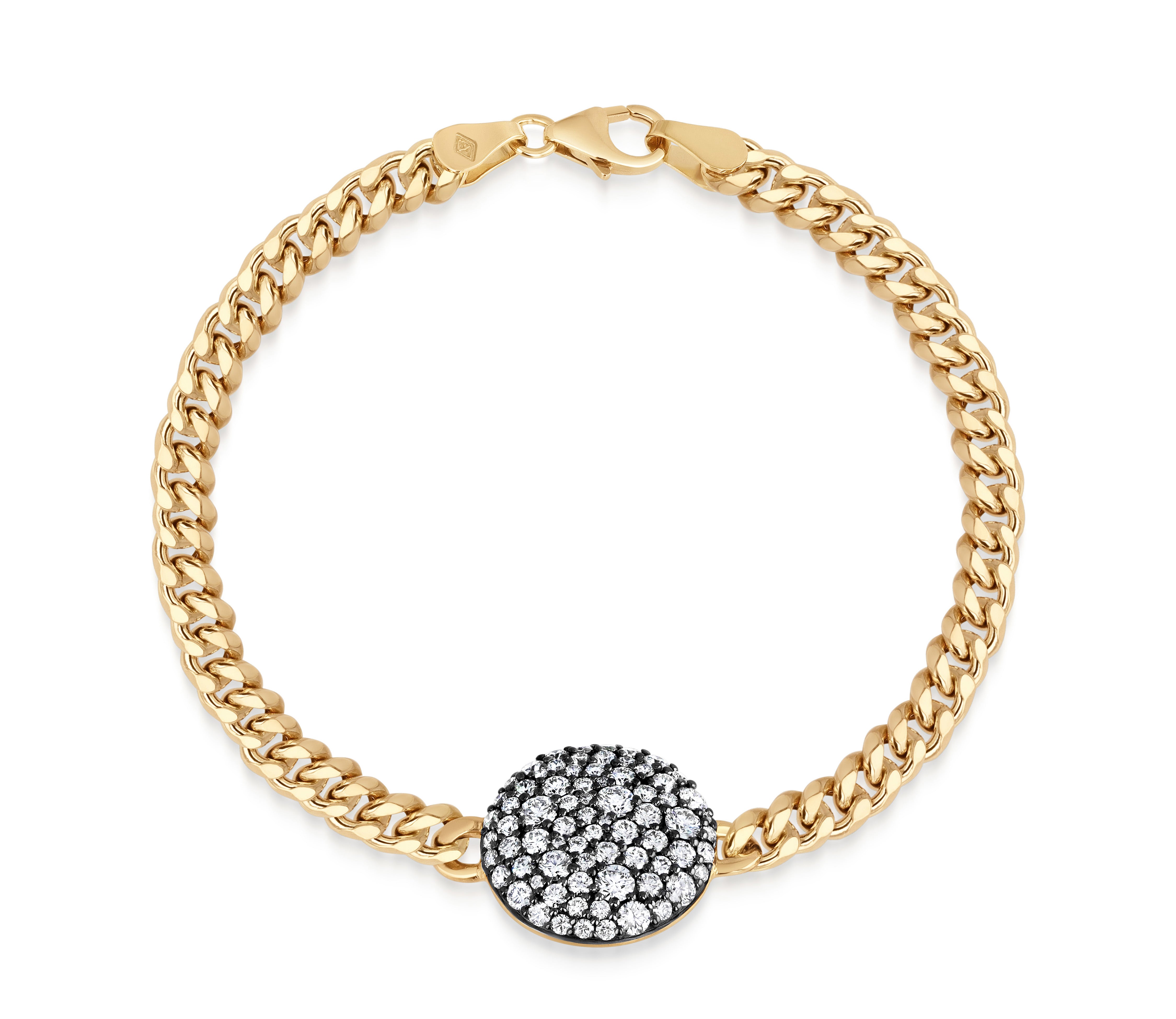 14mm Diamond Prima Bracelet in 18k yellow gold with a curb link chain and round colorless diamond pave accent set in black rhodium.