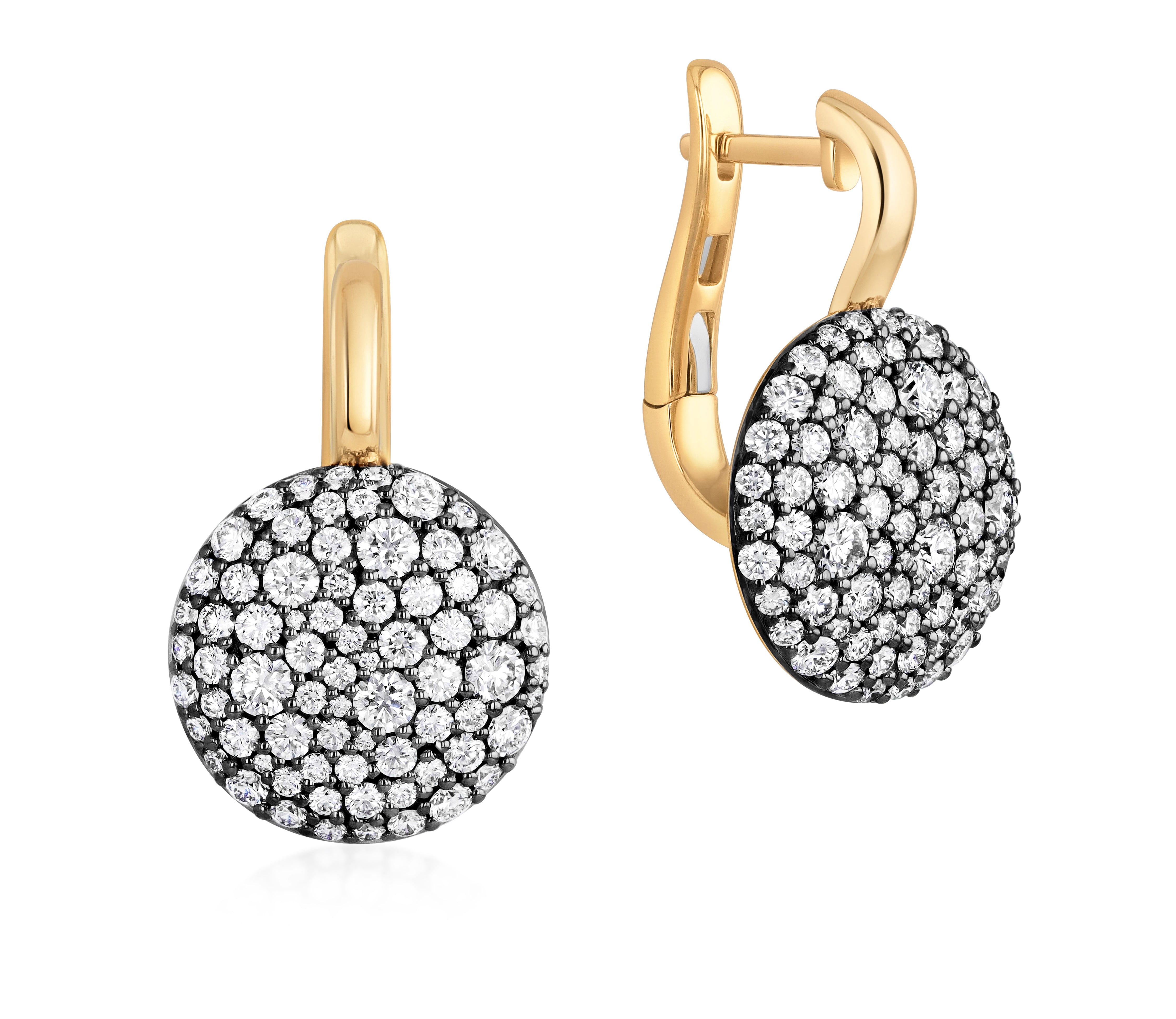 Prima 14mm Leverbacks in yellow gold with round pave diamond drops set in black rhodium.