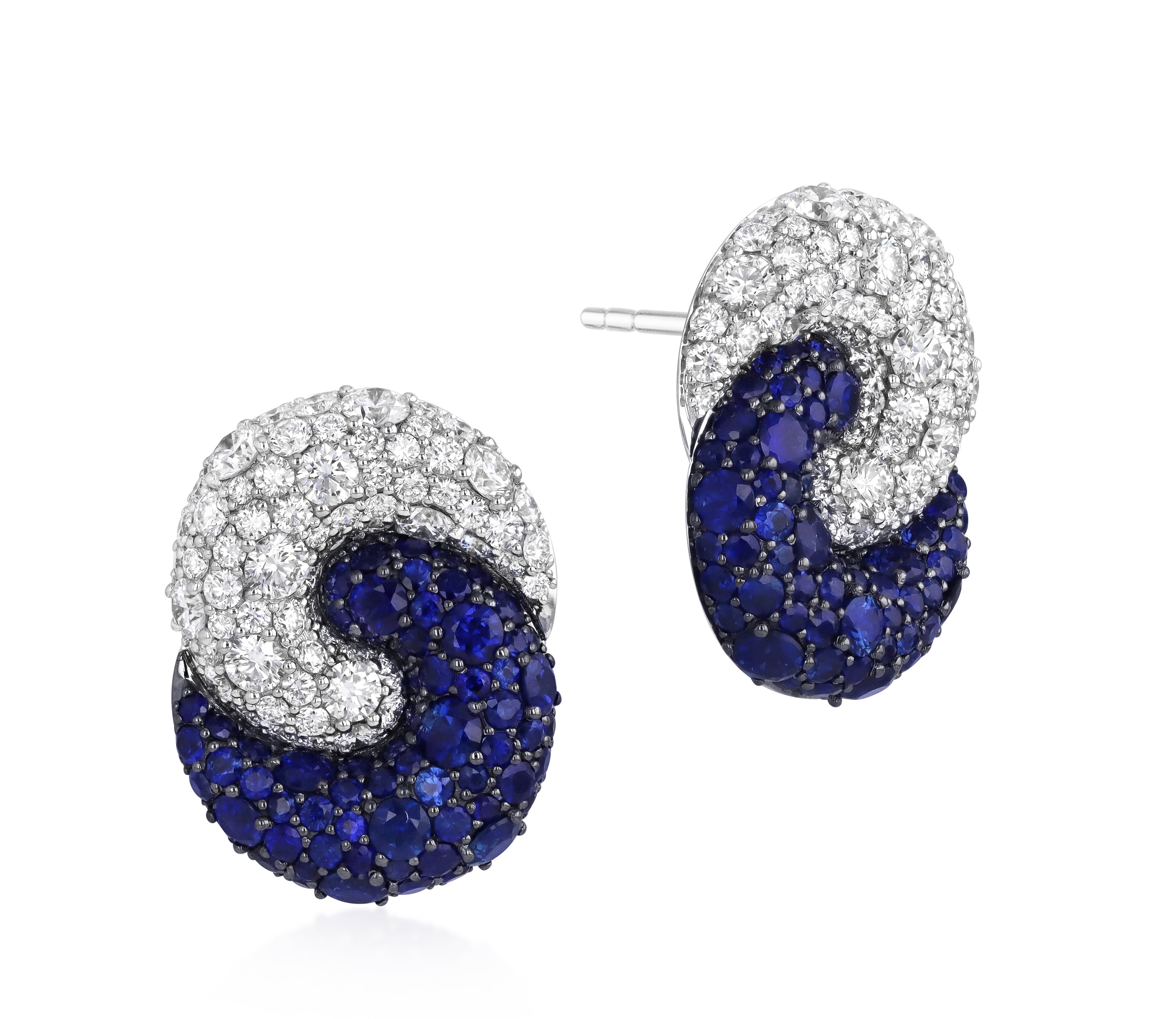 Medium Duet Earrings in 18k white gold with blue sapphires and brilliant pave diamonds.