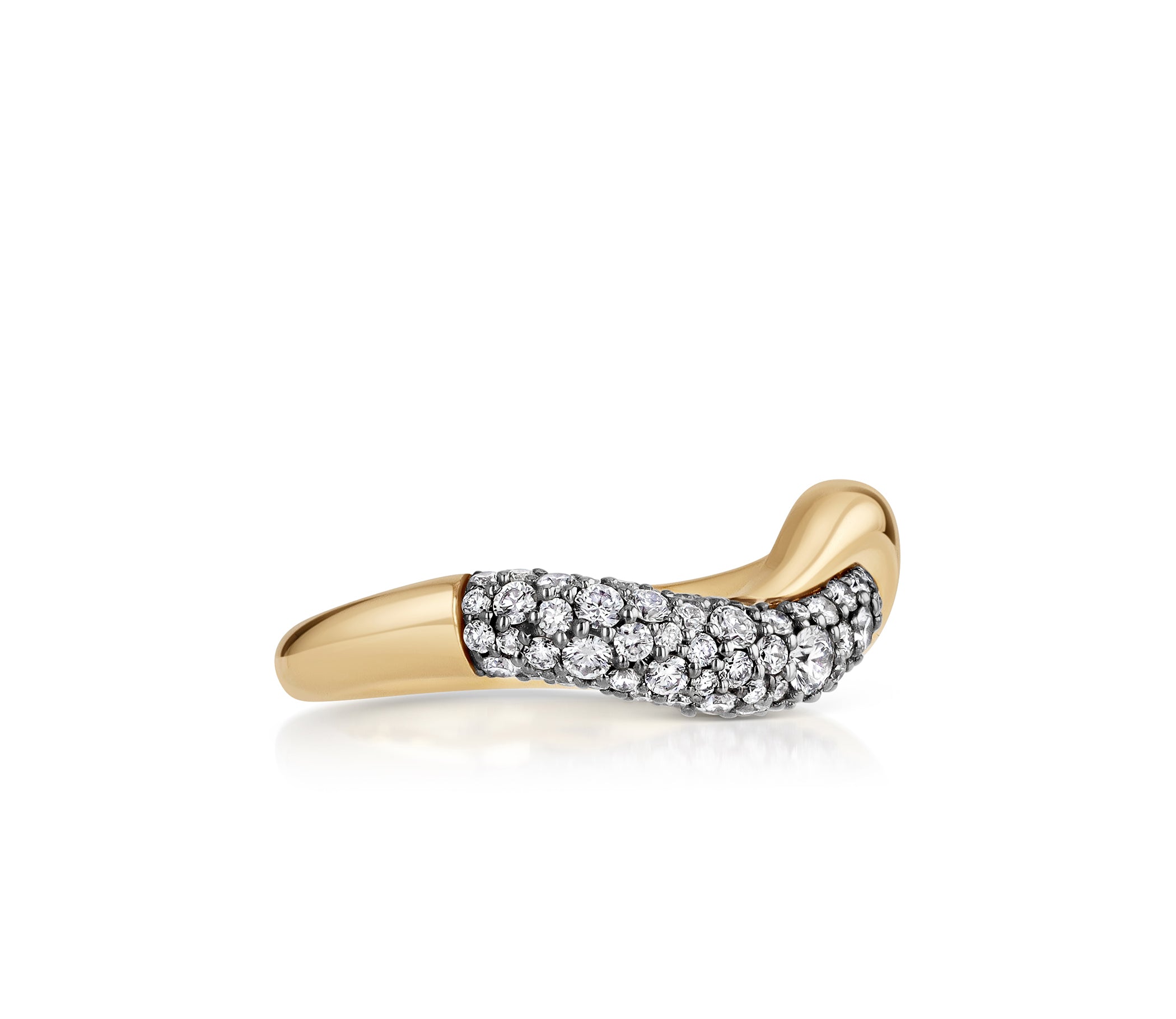 Sideview of Dancer Band in 18k yellow gold with a curved diamond pave design.