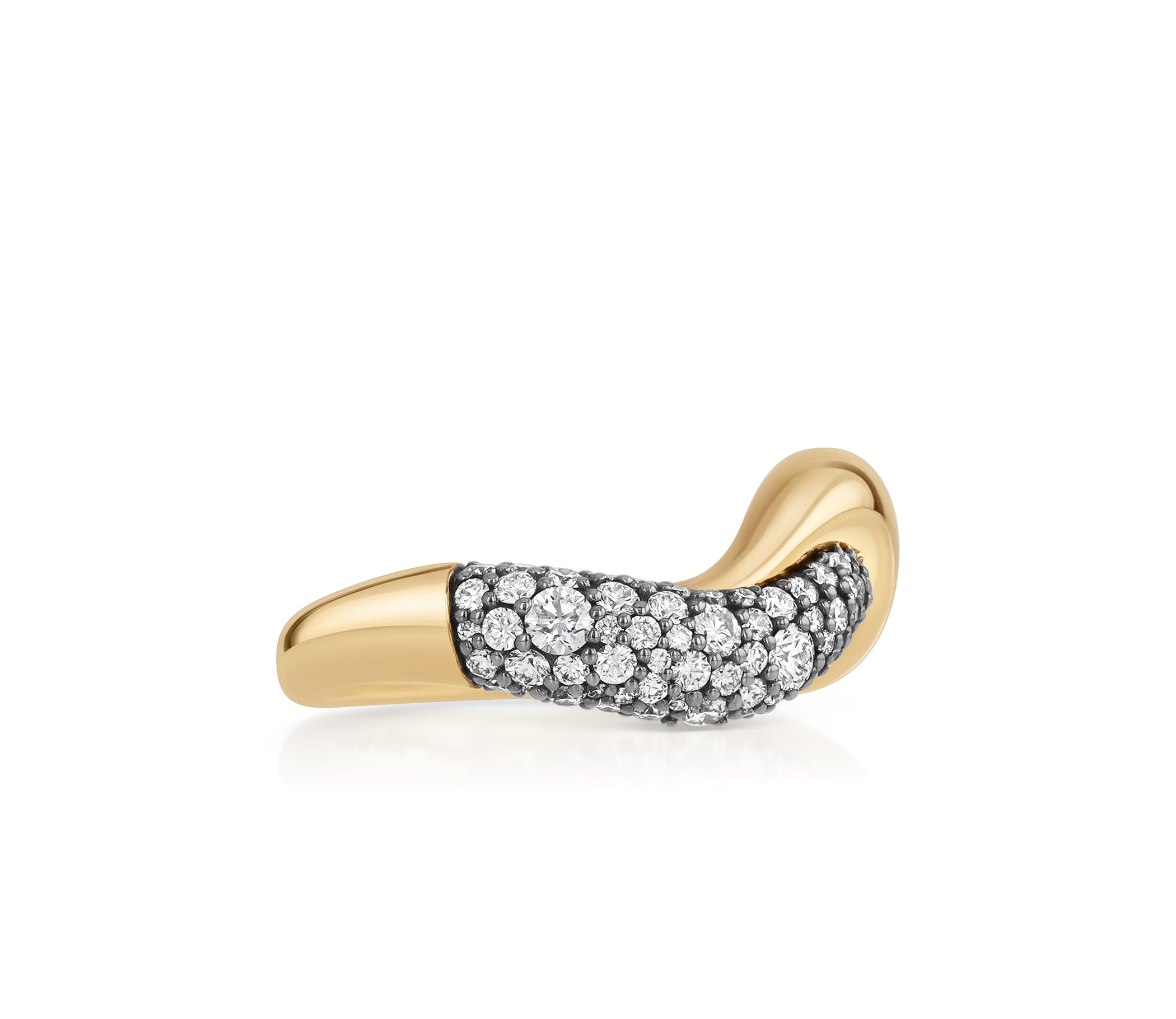 Sideview Large Dancer Band in 18k yellow gold with a curved diamond pave design.