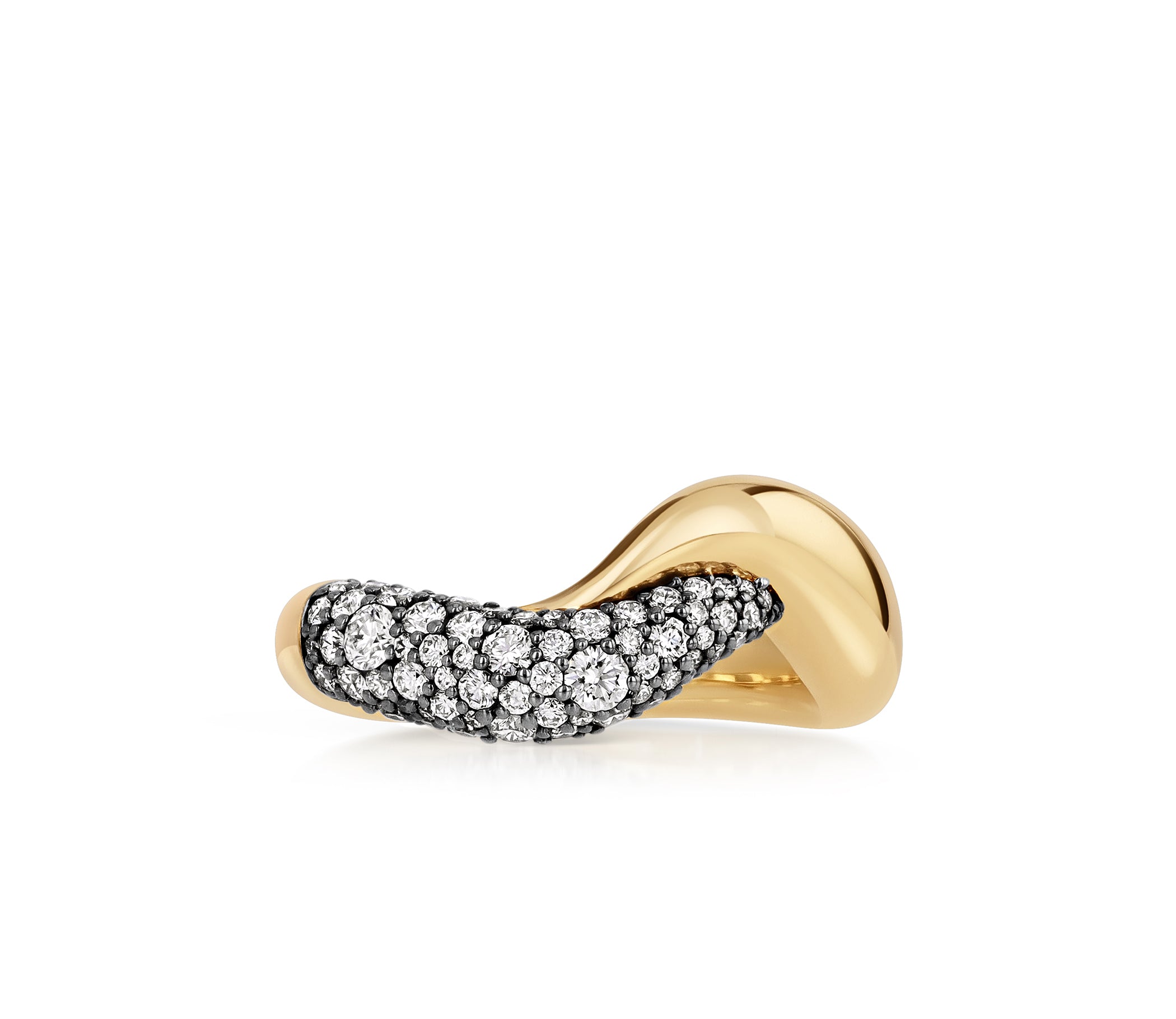 Large Dancer Band in 18k yellow gold with a curved diamond pave design.
