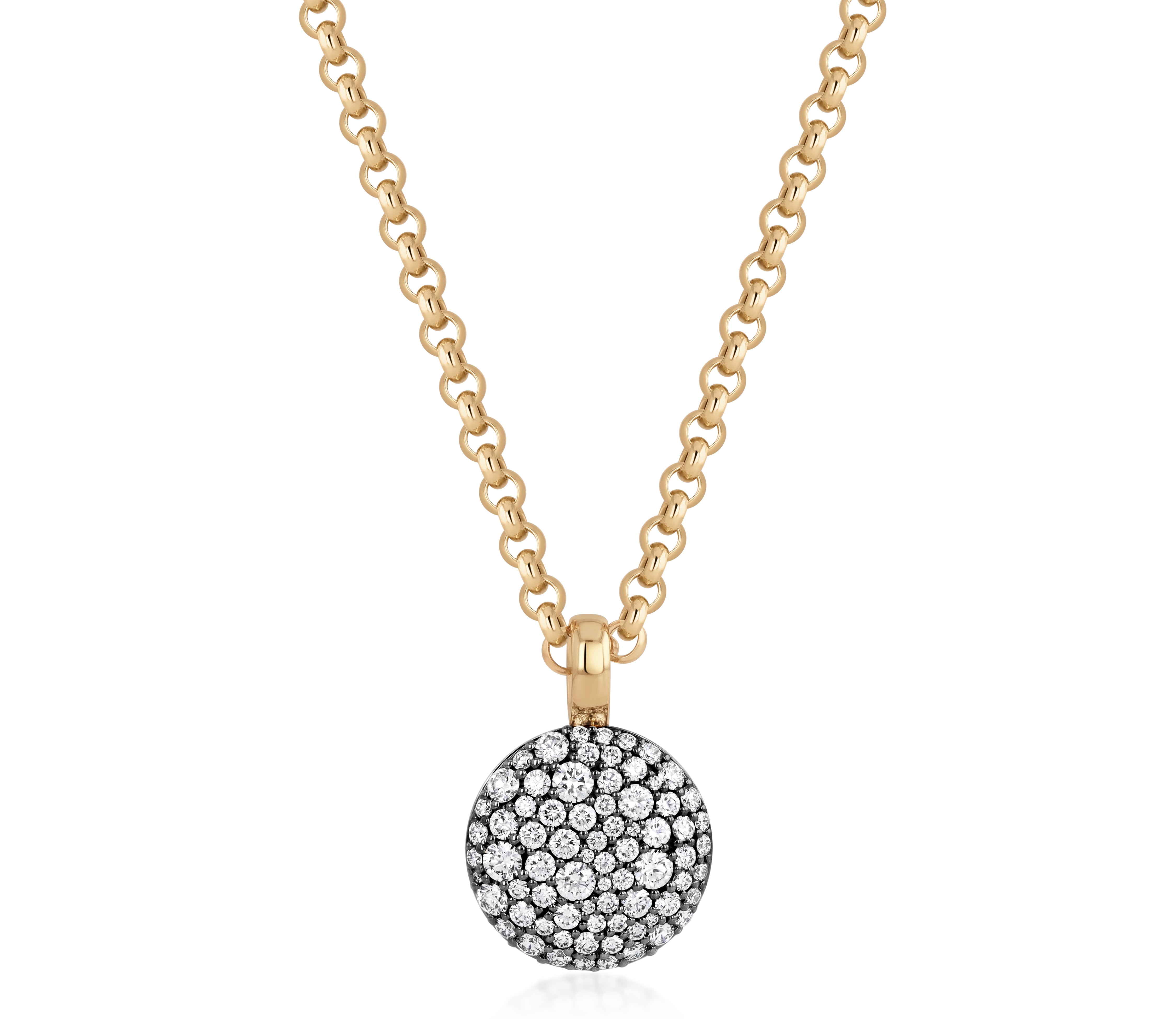 14mm Diamond Prima Necklace in 18k yellow gold with a round diamond pave pendant.