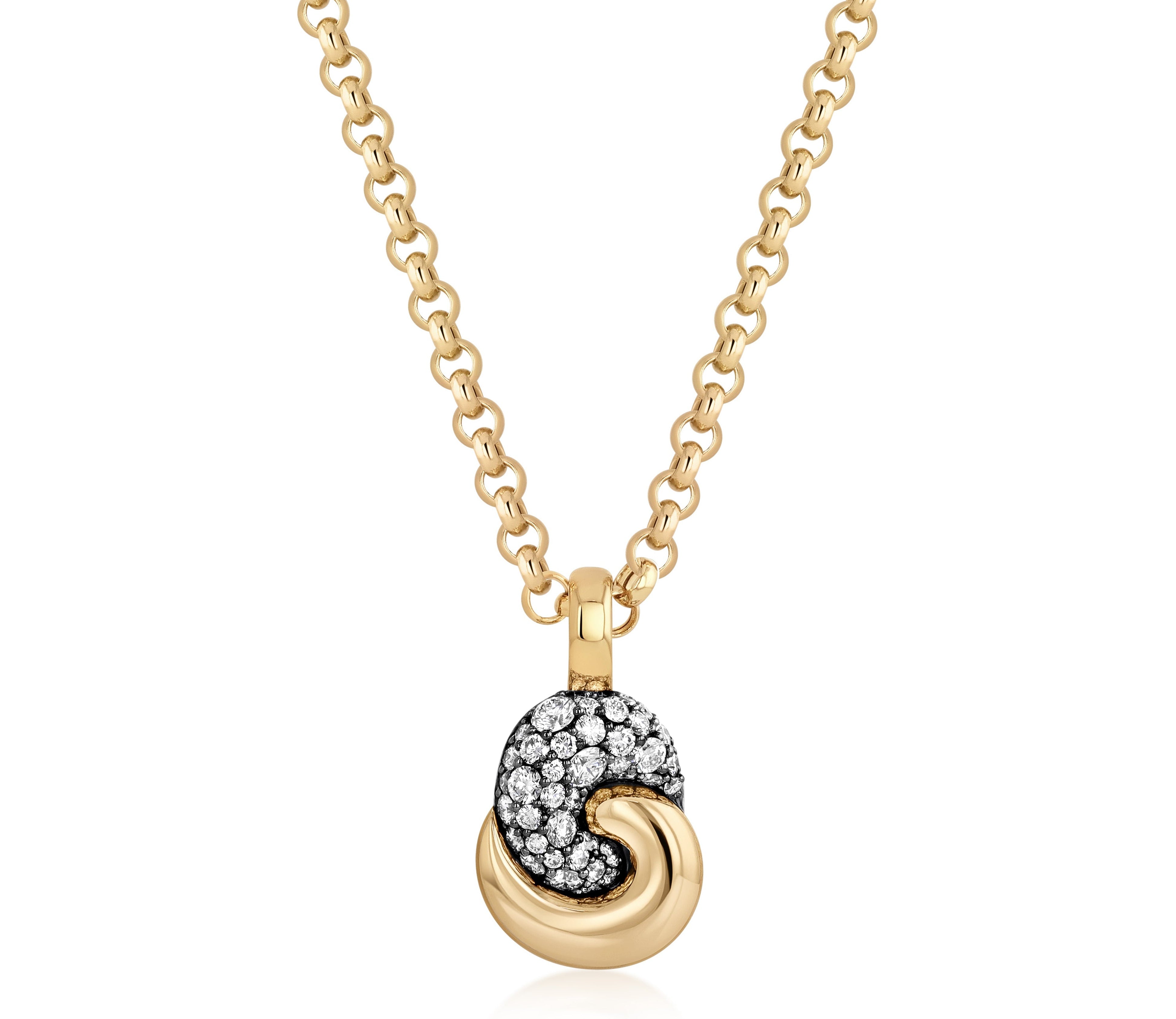 Small Duet Necklace in 18k yellow gold with colorless pave diamonds set in black rhodium