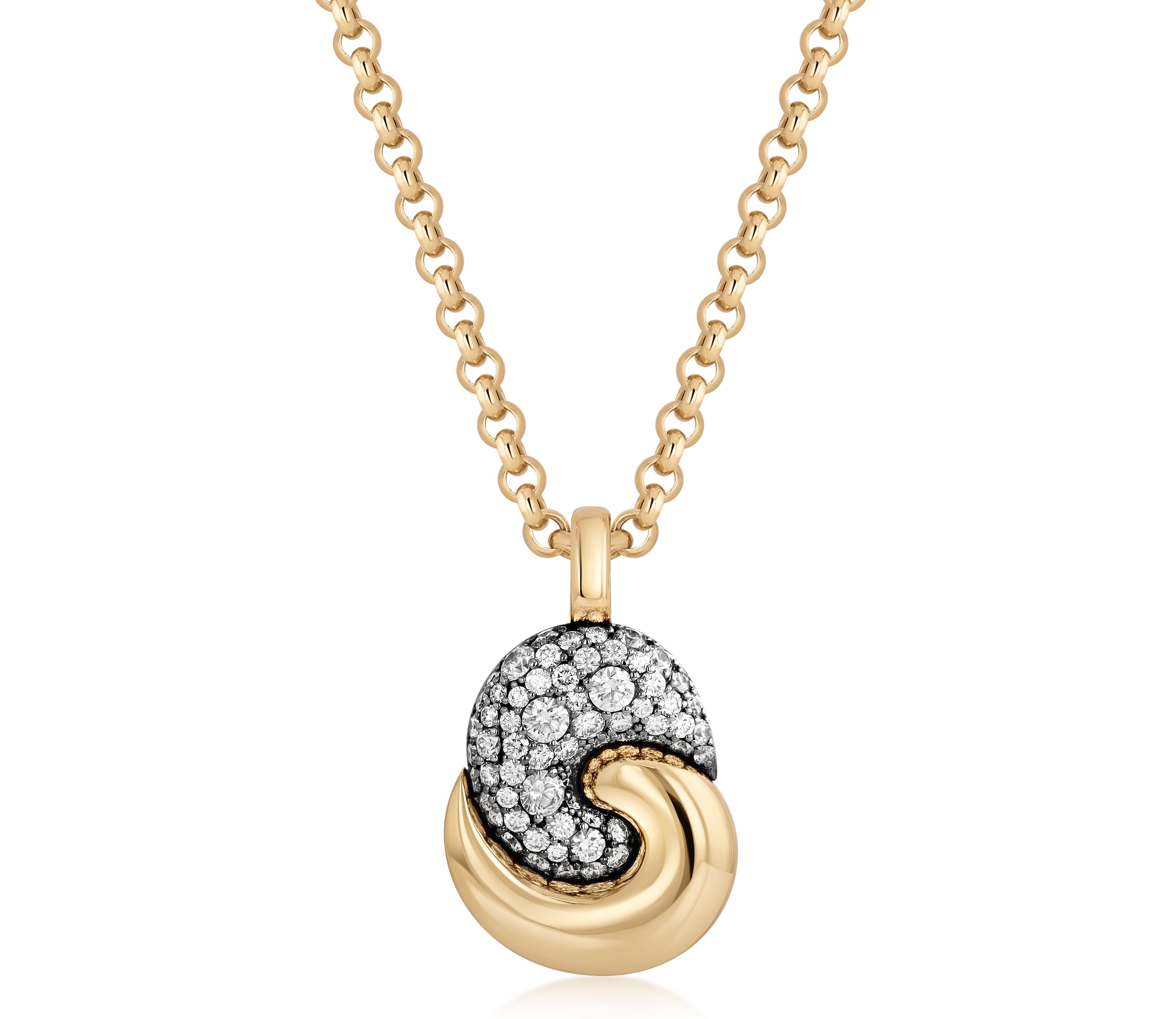 Medium Duet Necklace in 18k yellow gold with colorless pave diamonds set in black rhodium
