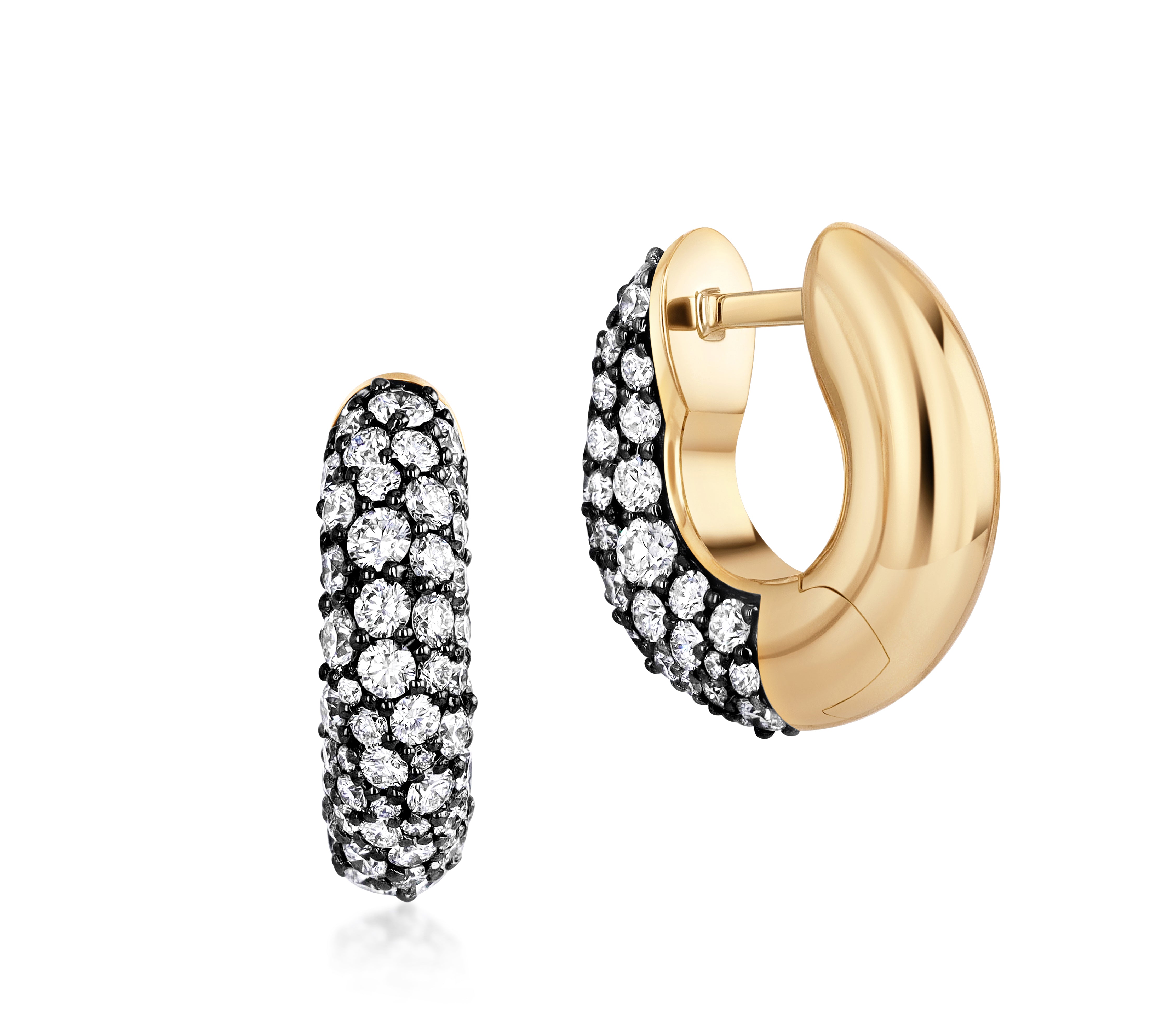 Mini Mood Hoops in 18k yellow gold with reversible diamond pave and polished gold finish.