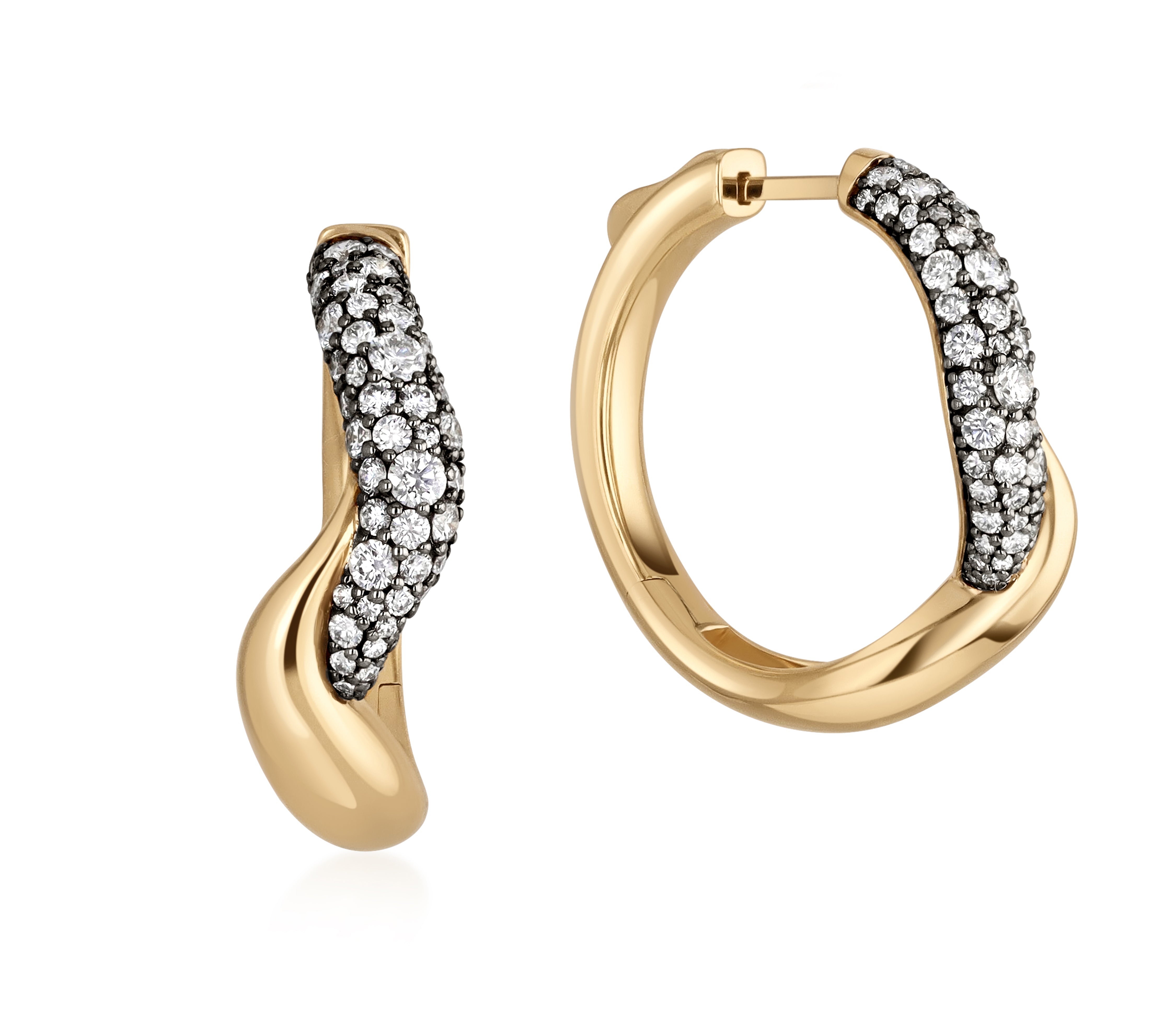 Large Dancer Hoops in 18k yellow gold with curved colorless diamond pave accents.