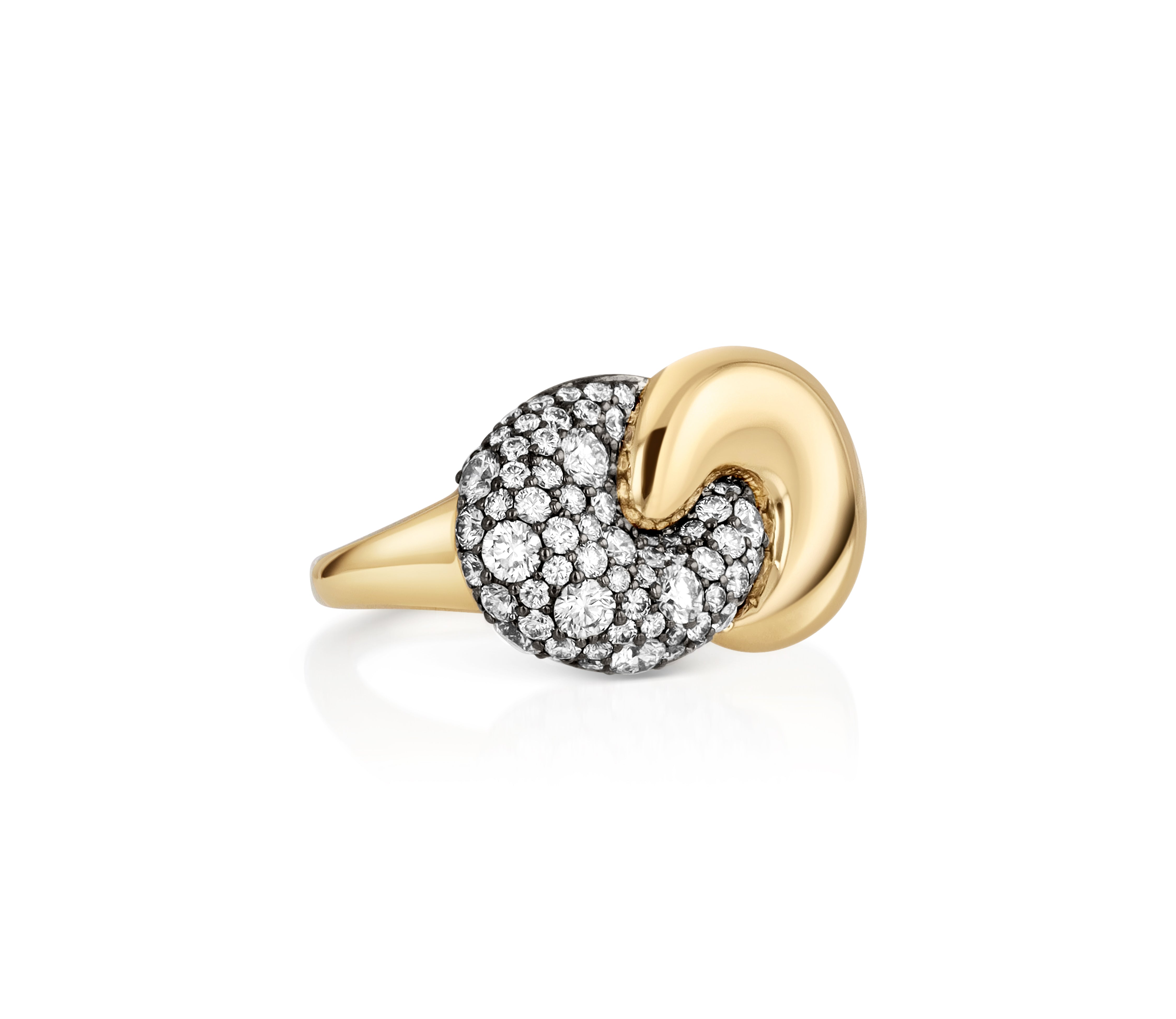 Sideview of the Duet Ring in 18k yellow gold with intertwined polished gold and diamond pave curves.