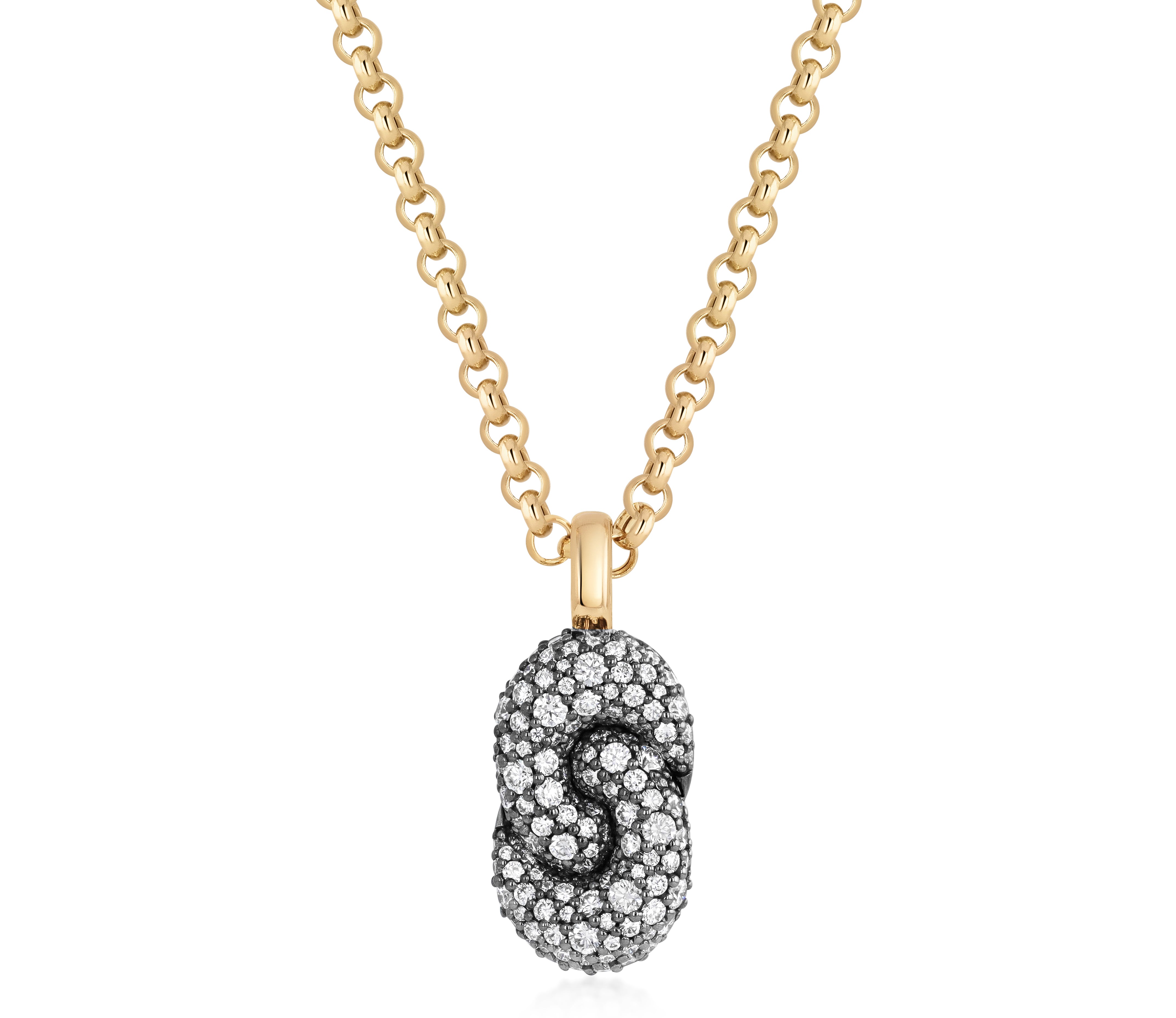 All Diamond Elongated Duet Necklace in 18k yellow gold with an elongated interlocking diamond pave pendant.