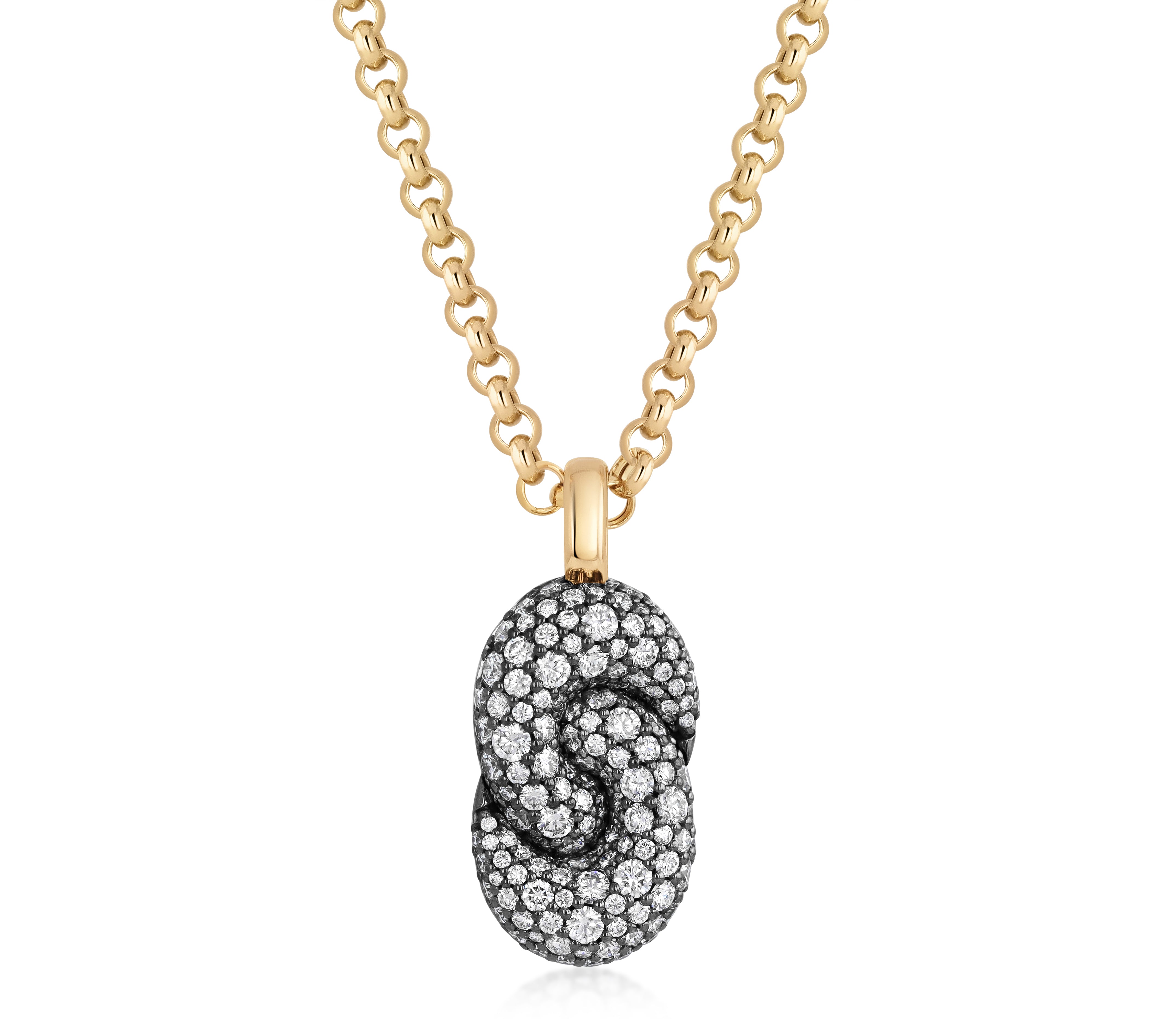 All Diamond Large Elongated Duet Necklace in 18k yellow gold with an elongated interlocking diamond pave pendant.
