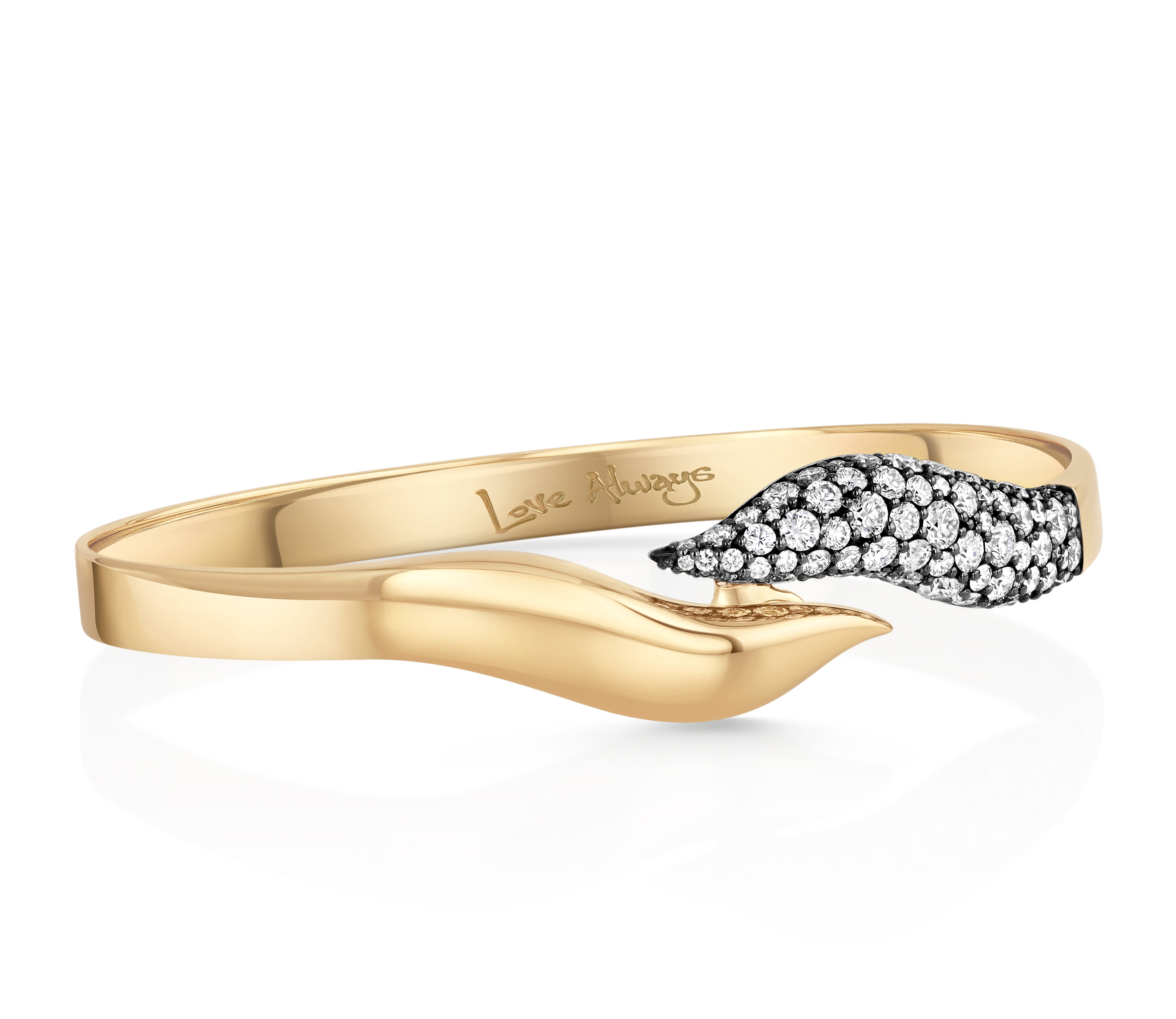 Sideview of the Phillips House Diamond Dancer Pave Bracelet in 18k yellow gold with colorless diamond pave set in black rhodium.