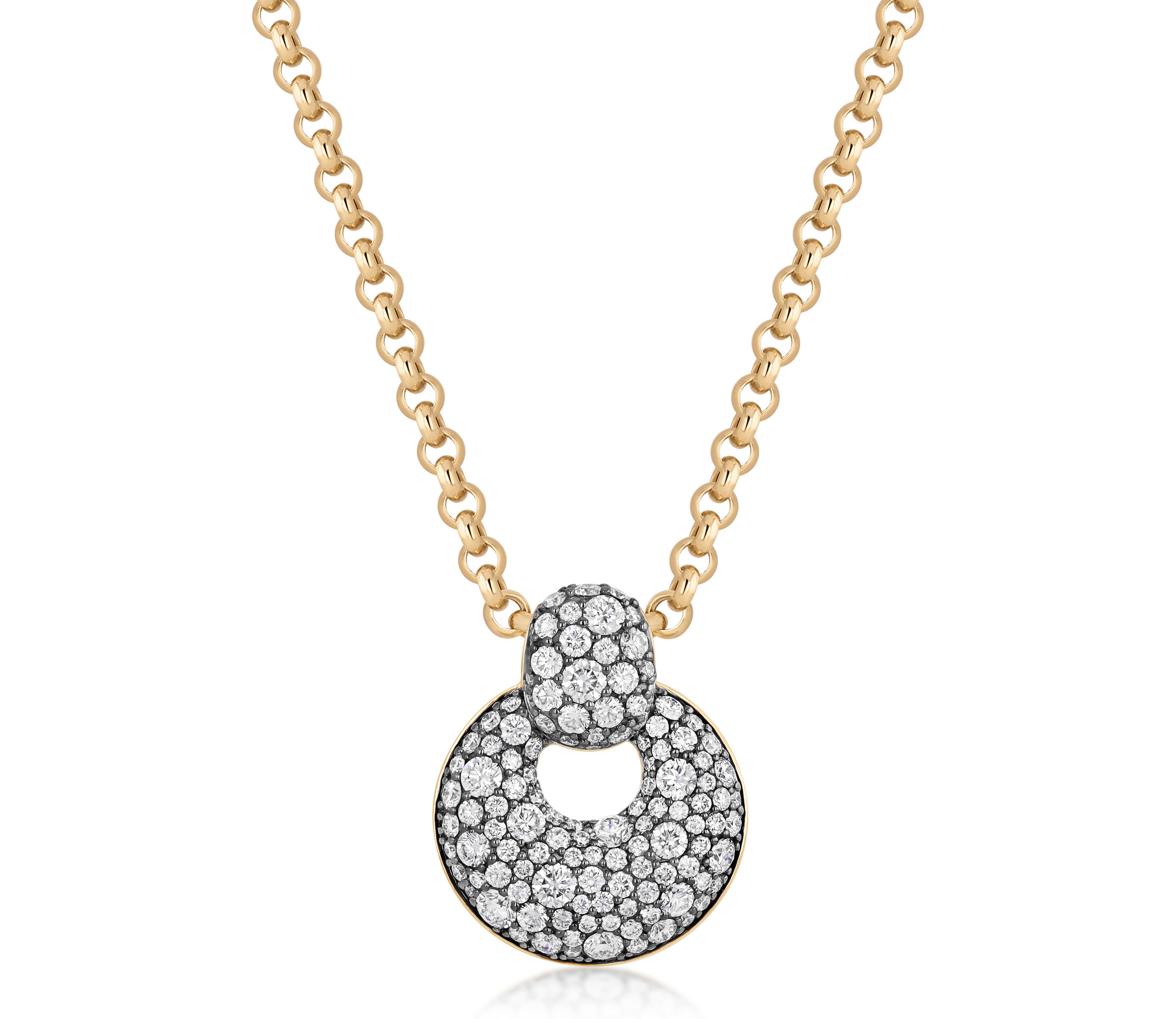 Diamond Button Loop Necklace in 18k yellow gold with a round diamond pave Button Loop pendant.