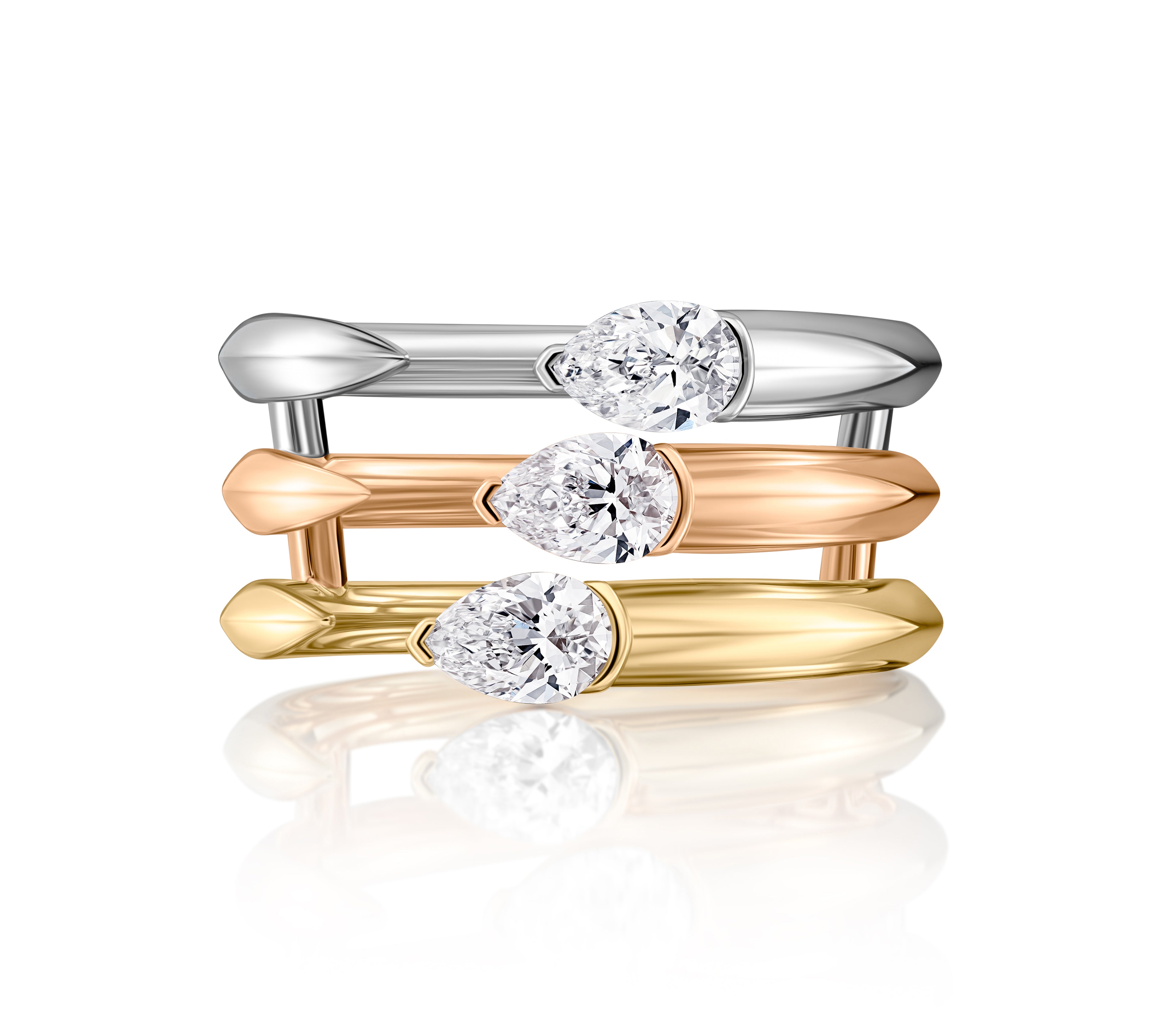 Tricolor Three Pear Shape Diamond Ring