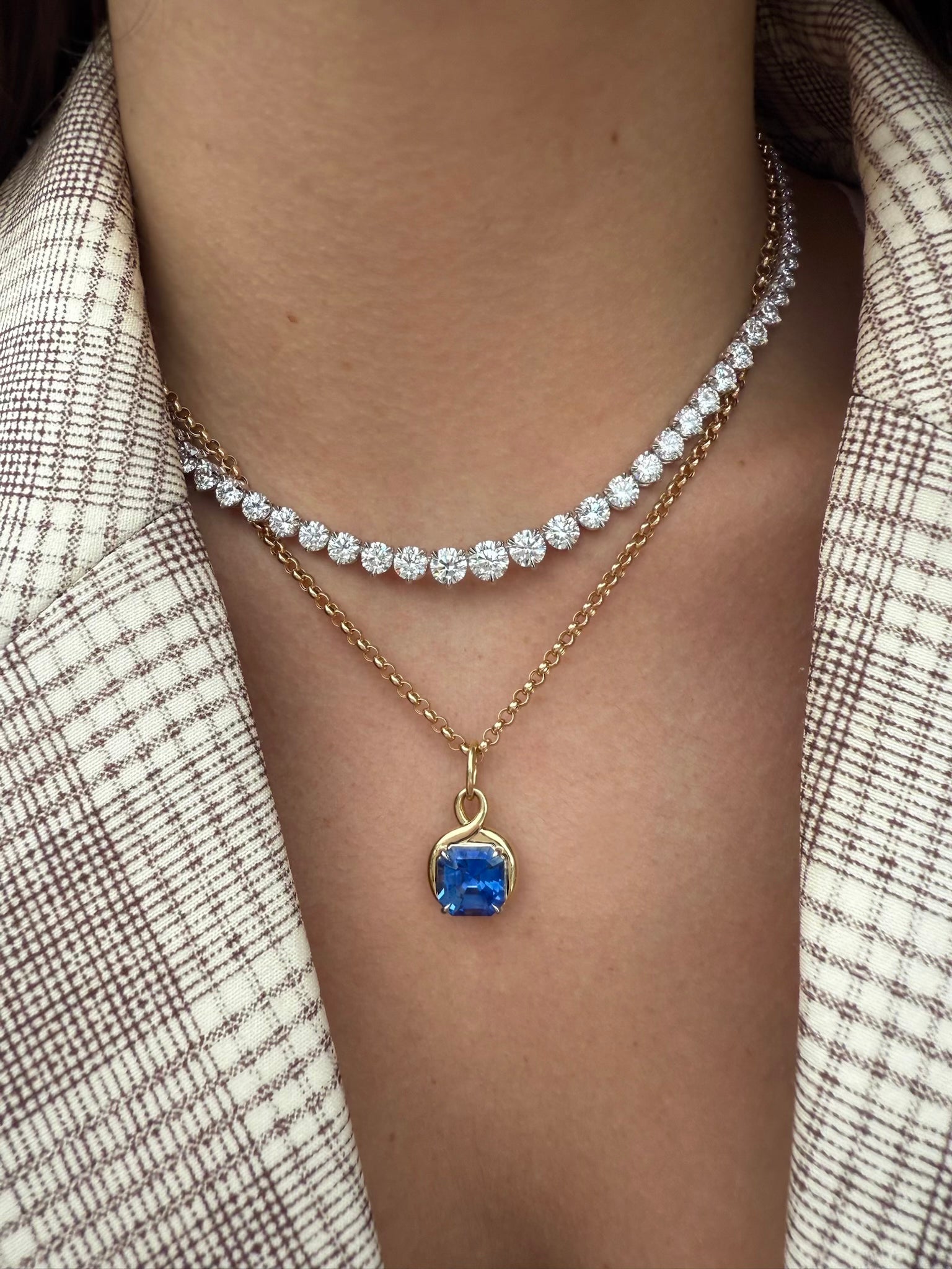 Asscher Cut Blue Sapphire Pirouette Pendant