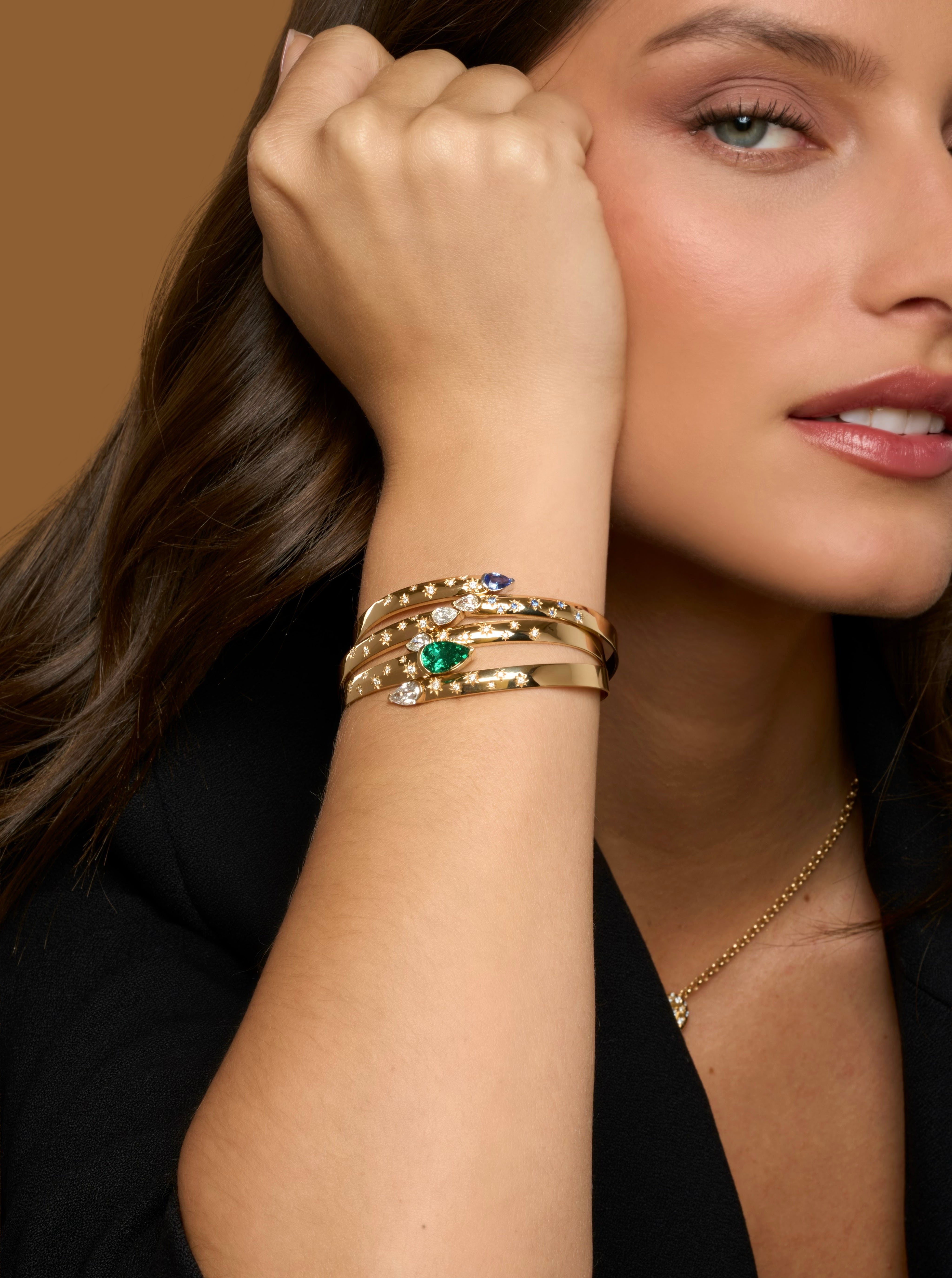 Model wearing Toi Et Moi Love Always Scatter Bracelets in diamonds and colored stones