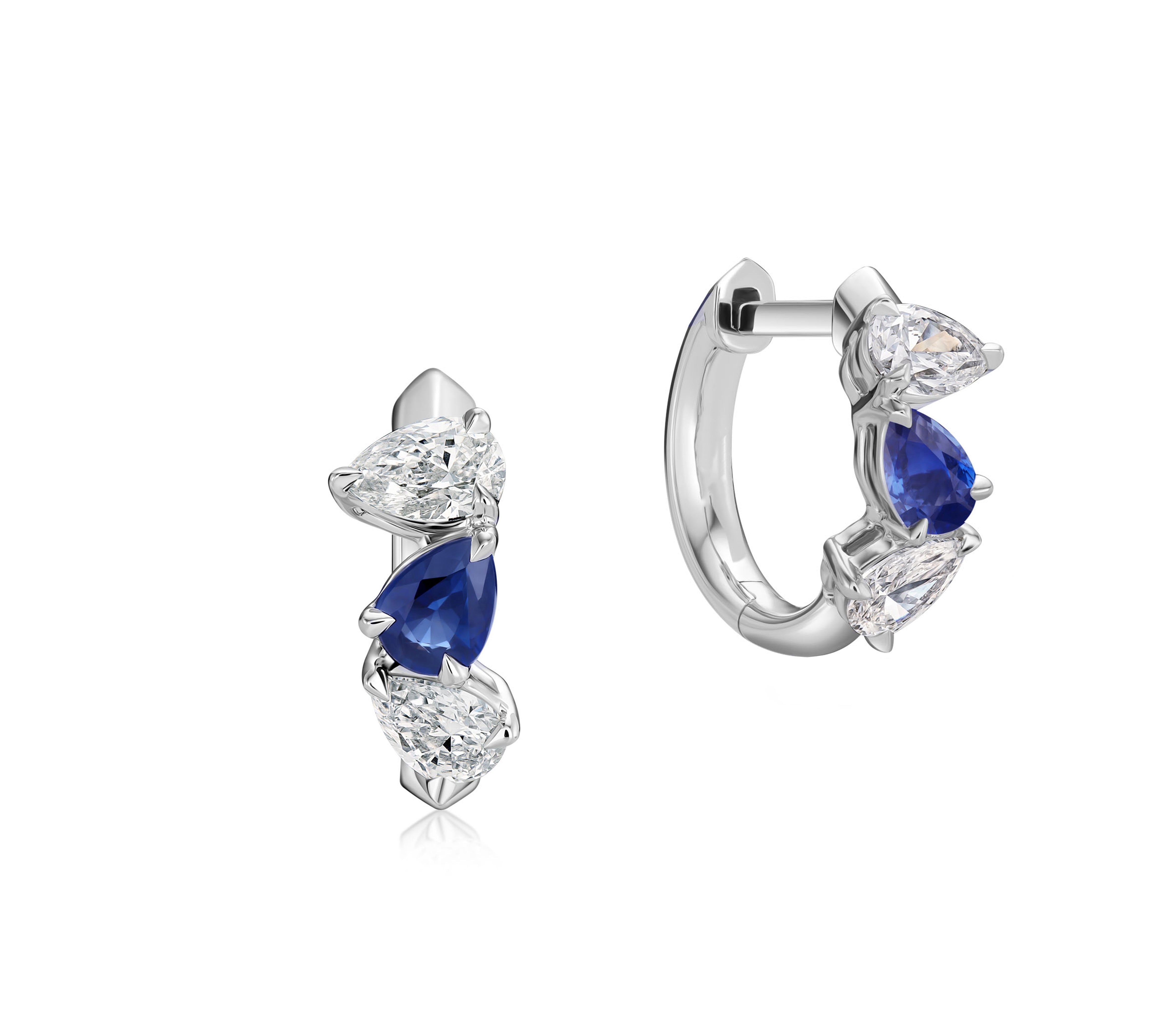 Triple Mini Pear Diamond & Blue Sapphire Huggies