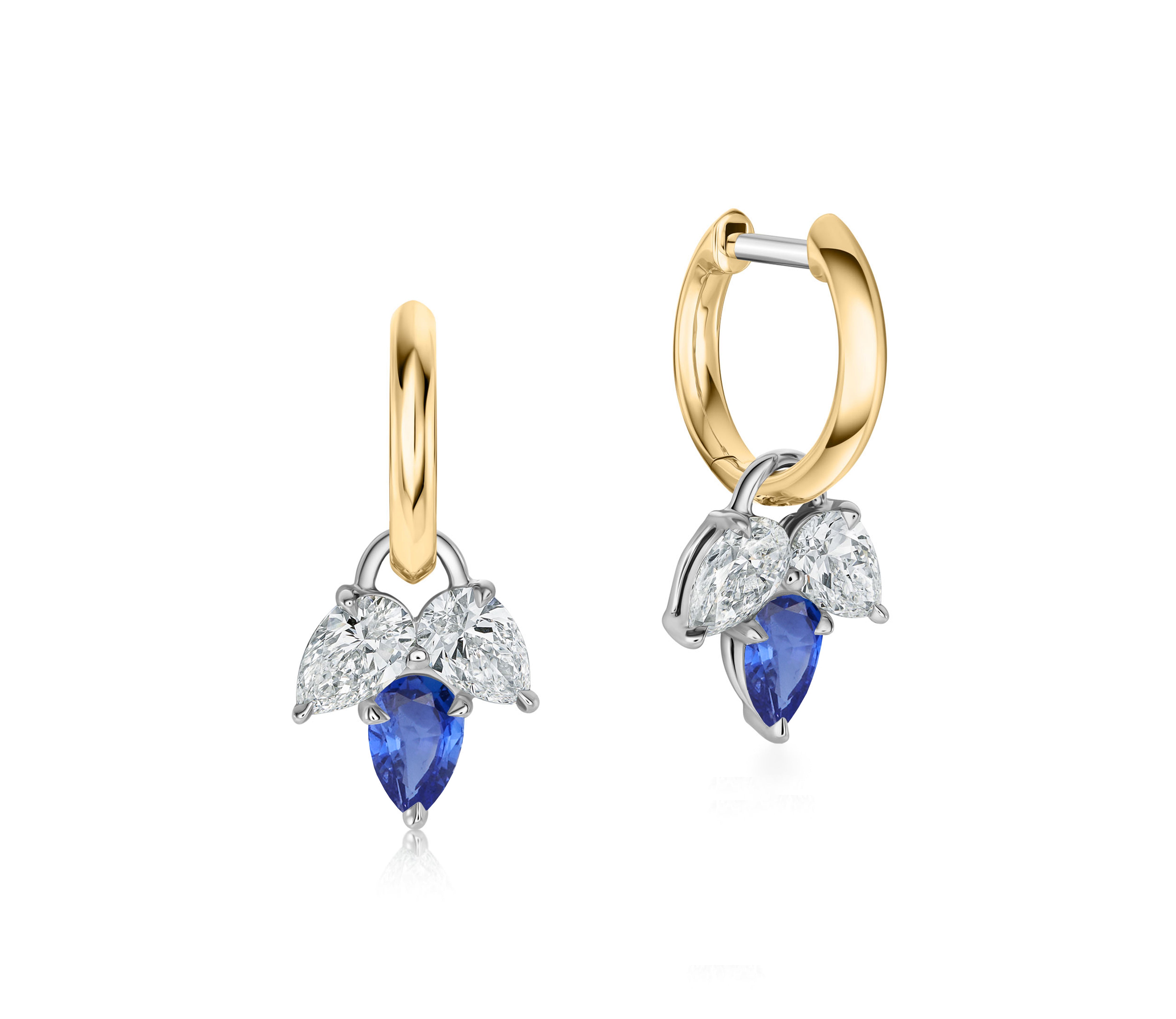Pear Shape Diamond & Blue Sapphire Triple Leaf Huggies