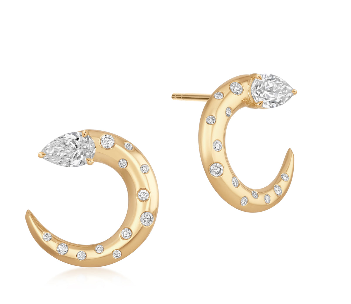18k yellow gold fan earring featuring a pear-shaped natural diamond and a crescent of burnished round natural diamond accents