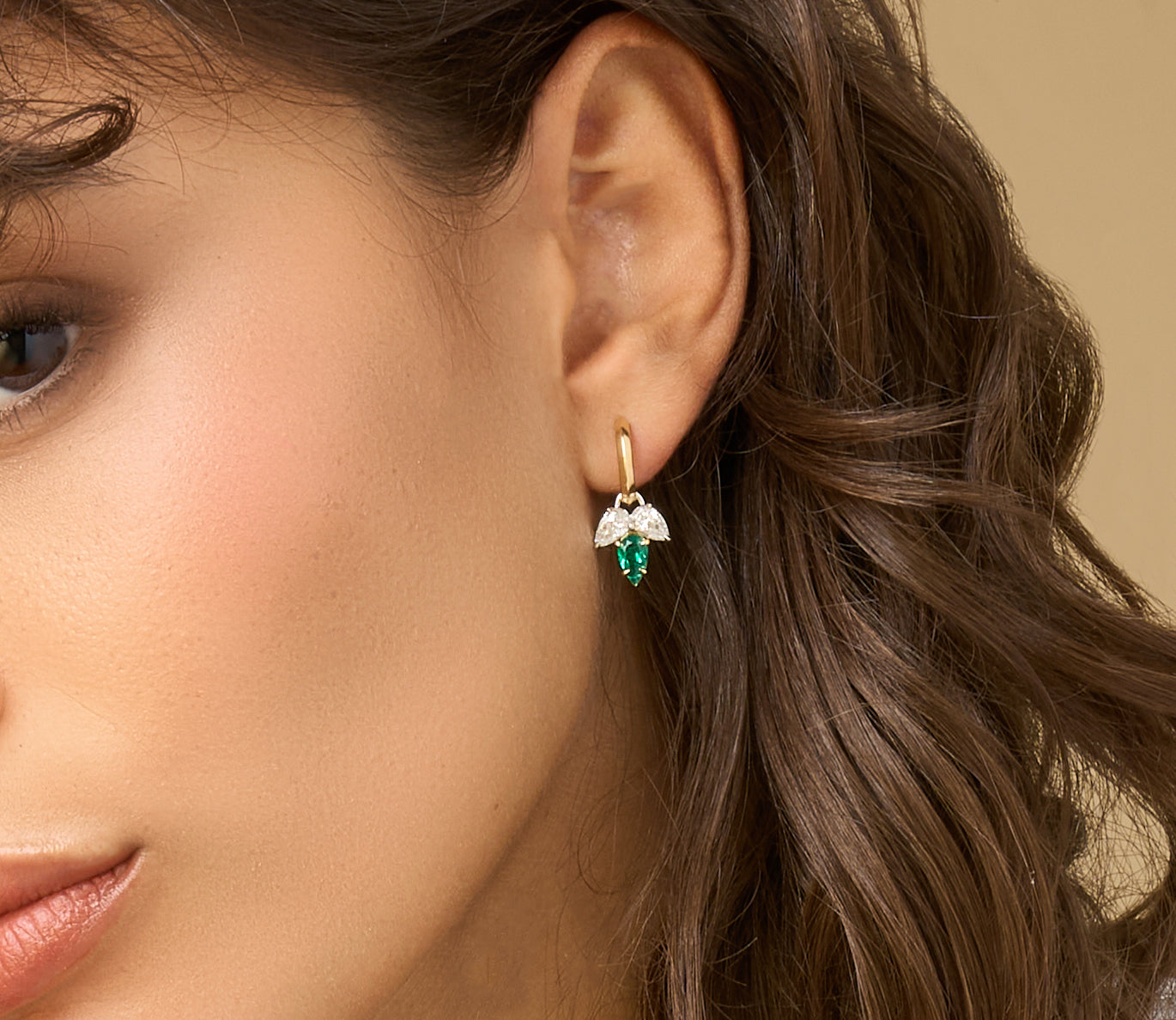 Pear Shape Diamond & Colombian Emerald Triple Leaf Huggies