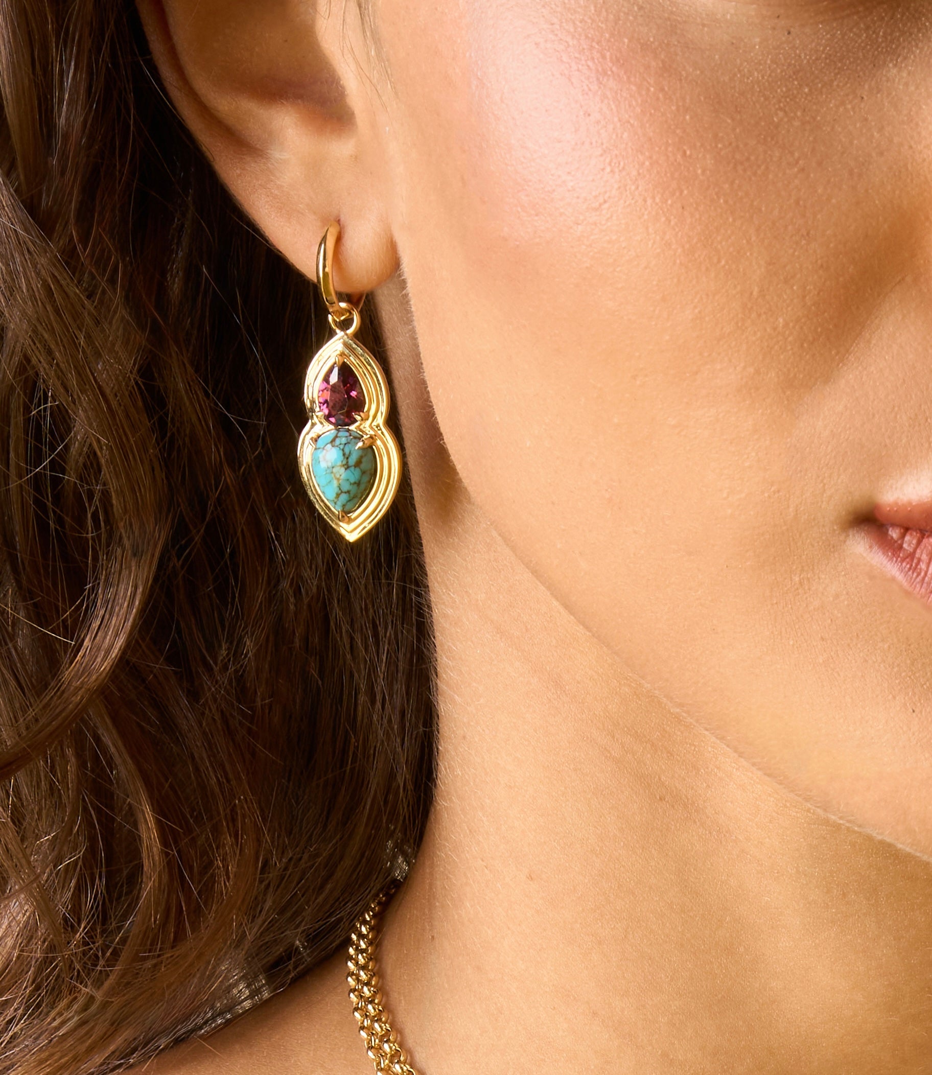 Rhodolite & Turquoise Pear Huggies