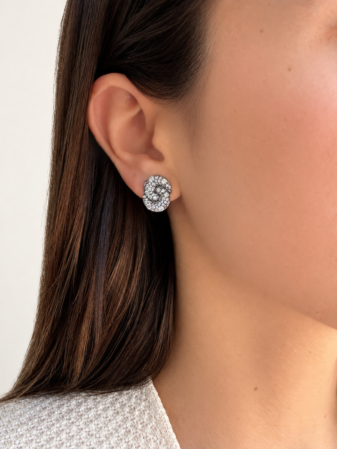 All Diamond Small Duet Earrings in black rhodium on model #Finish_Black Rhodium