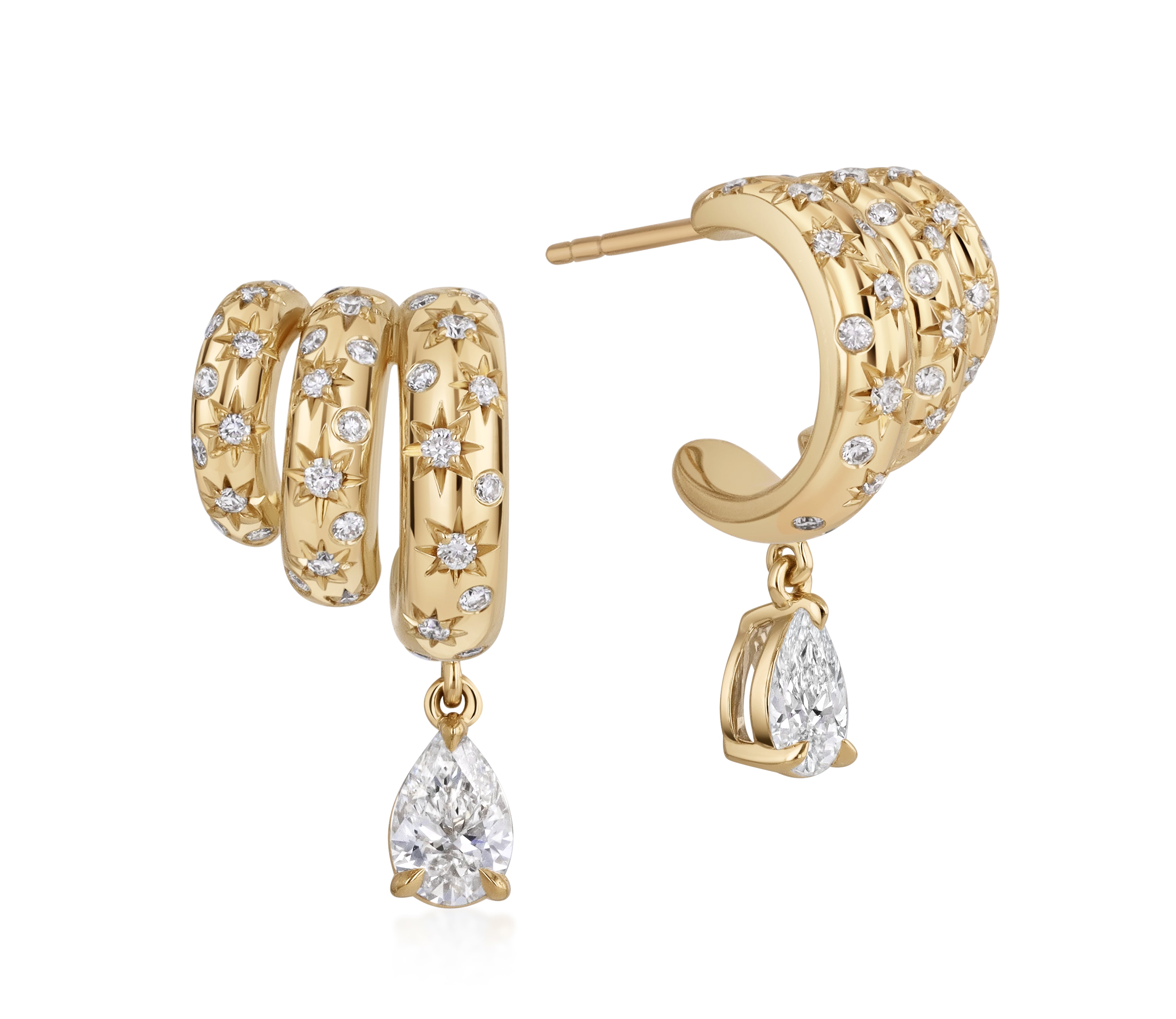 18k yellow gold triple hoop earrings with pear shape diamond scattered star-set and burnished natural diamond accents.
