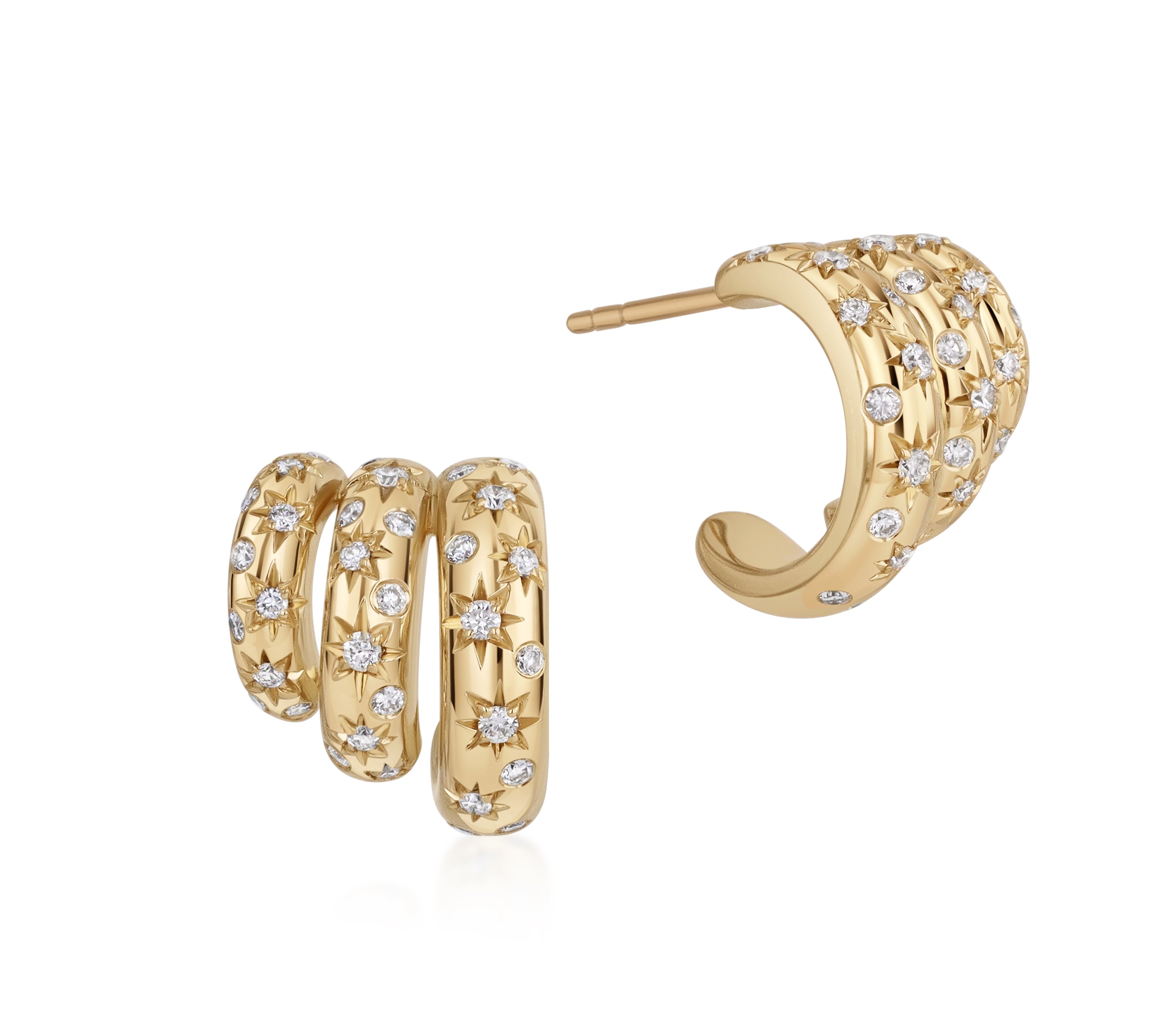 18k yellow gold triple hoop earrings with scattered star-set and burnished natural diamond accents.