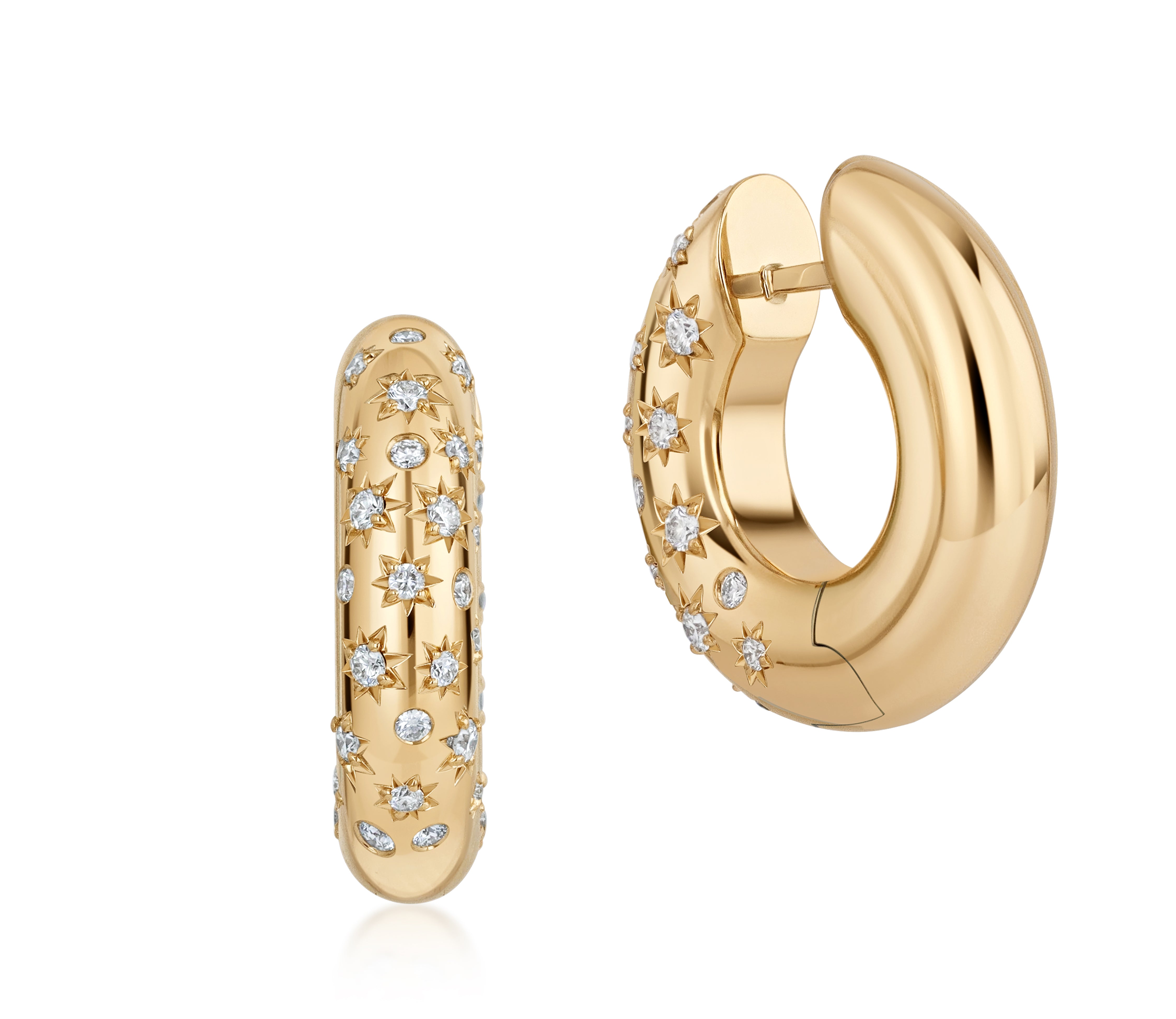 18k yellow gold reversible hoop earrings with burnished and star-set natural diamonds on one side and polished rose gold on the other.