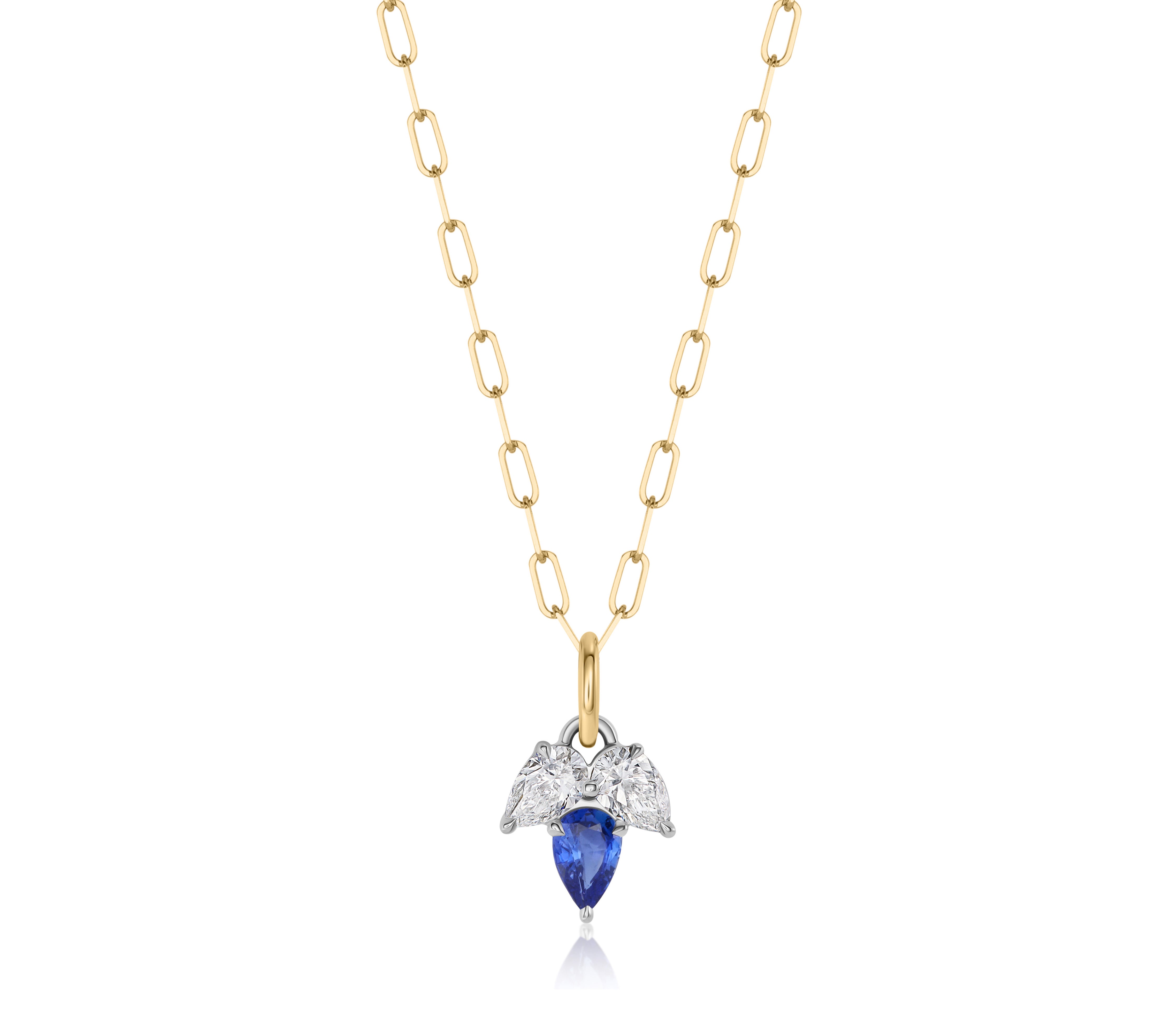 Triple Leaf Diamond & Blue Sapphire Pear Necklace