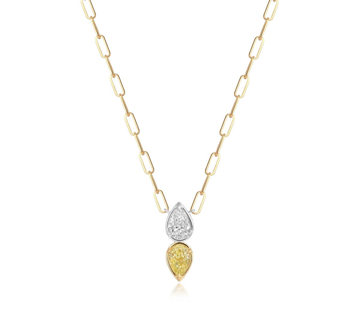18k yellow gold paperclip chain necklace with a two-stone pendant featuring pear-shaped natural white and yellow diamonds in platinum and yellow gold settings.