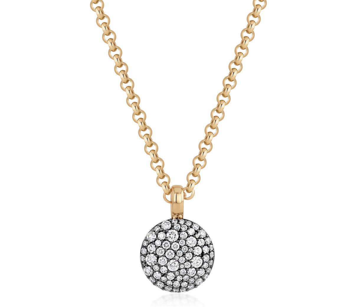 14mm Diamond Prima Necklace in 18k yellow gold with a round diamond pave pendant.