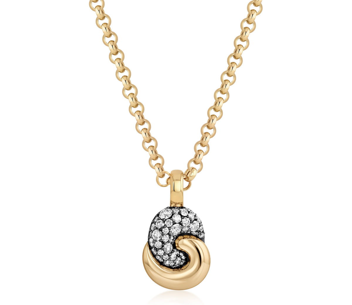 Small Duet Necklace in 18k yellow gold with colorless pave diamonds set in black rhodium