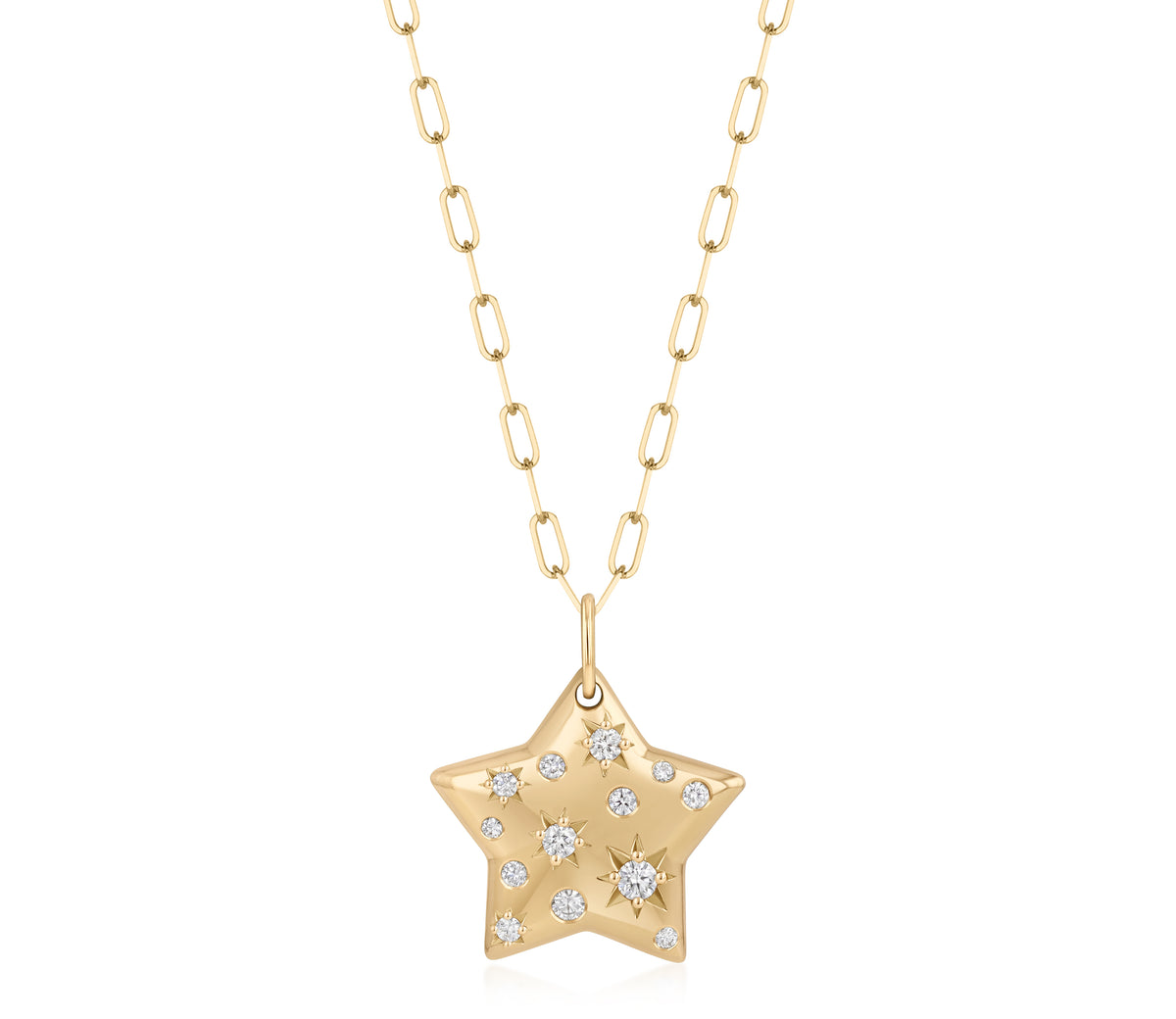 18k yellow gold paperclip chain necklace with a star-shaped pendant and scattered star-set and burnished natural diamond accents