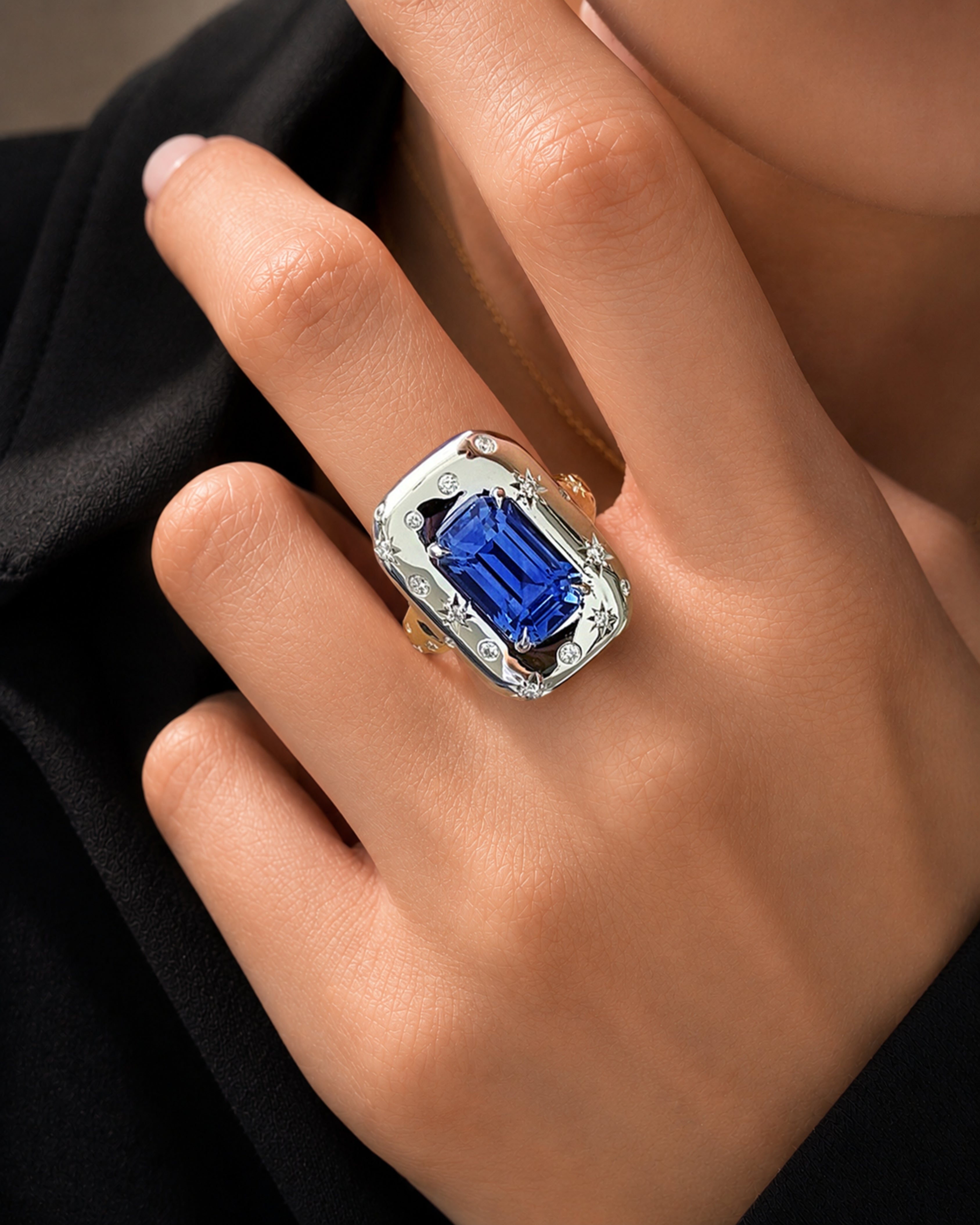Diamond and Blue Sapphire Star Set Ring