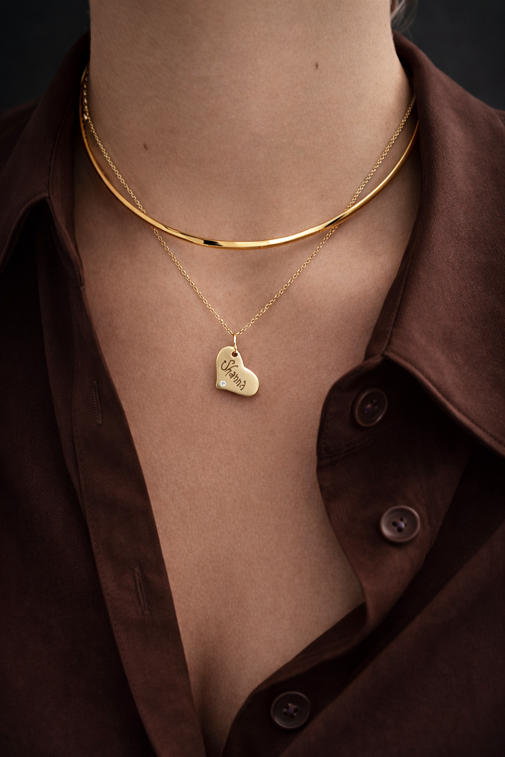 14k yellow gold personalized heart name tag necklace with diamond worn layered with gold choker